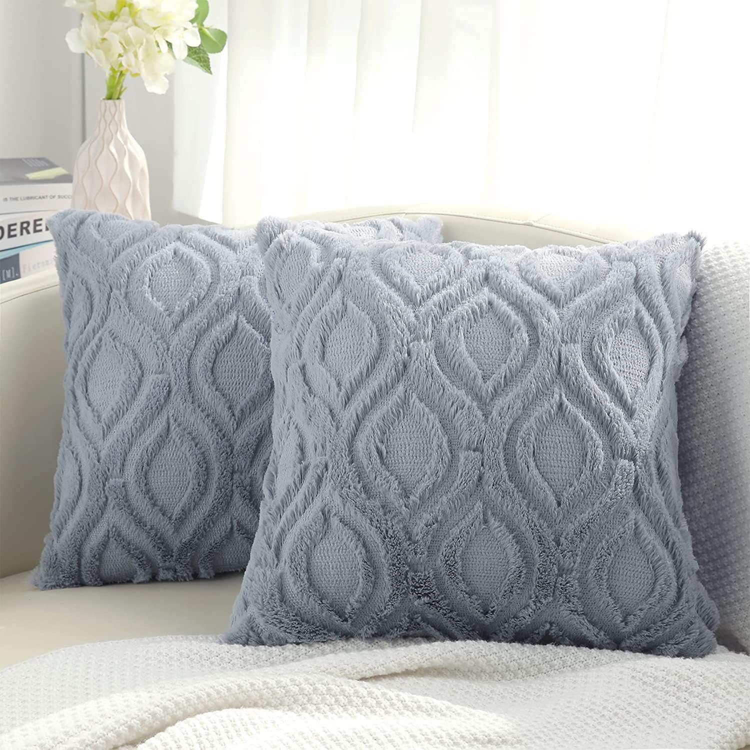 decorUhome Set of 2 Faux Fur Cushion Covers 65x65 cm, Decorative Soft Plush Fluf...