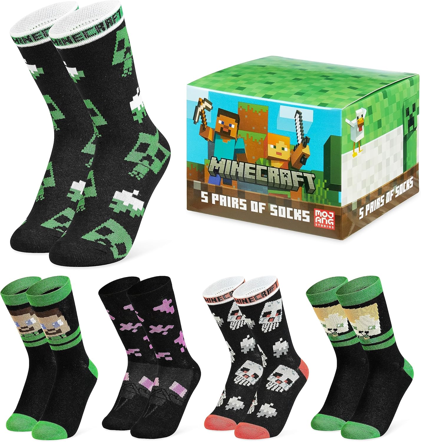 Minecraft Boys Socks 3 Pack or 5 Pack - Cotton-Rich Crew Kids Ankle Socks Everyd...
