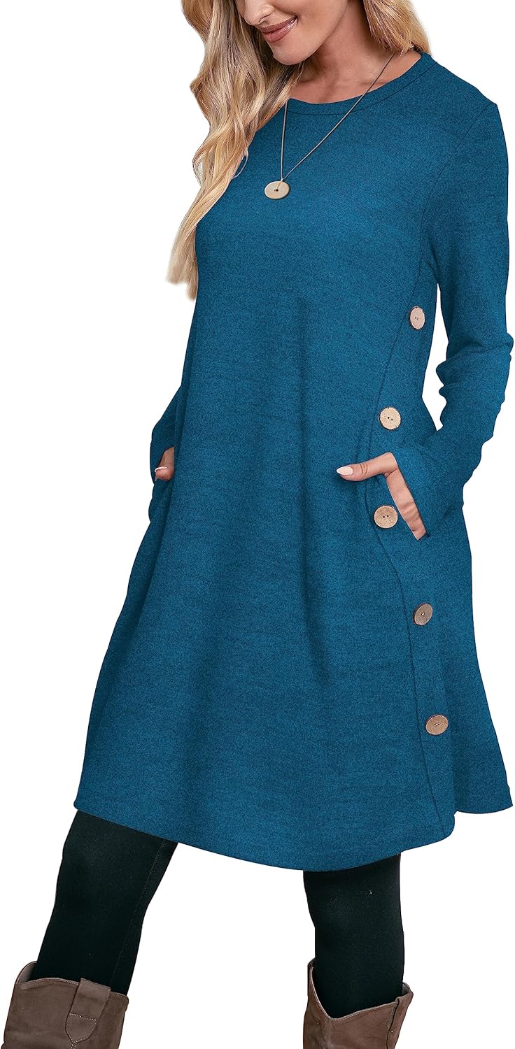 Aokosor Jumper Dress for Women Long Sleeve Dress Ladies Button Tunic Dress with...