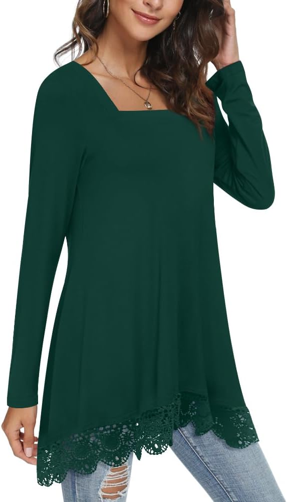Bestbee Women's Fall Long Sleeve Tops Lace Hem Tunic Crew Neck Loose Fit Blouse...