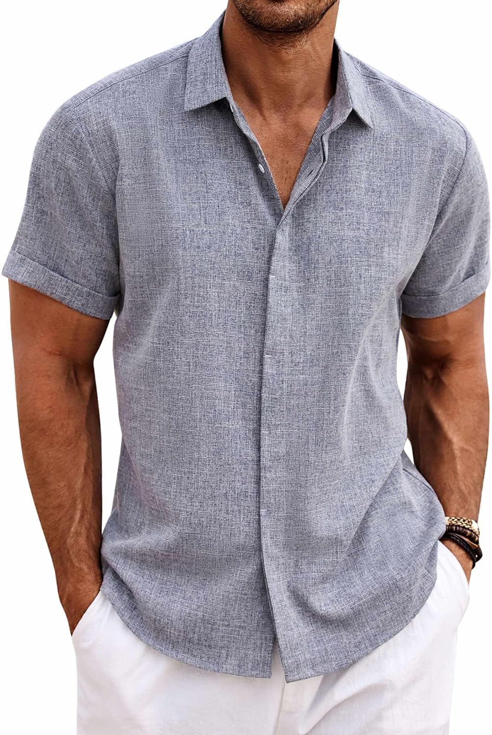 COOFANDY Mens Linen Shirts Short Sleeved Summer Regular Fit Cotton Shirt Button...