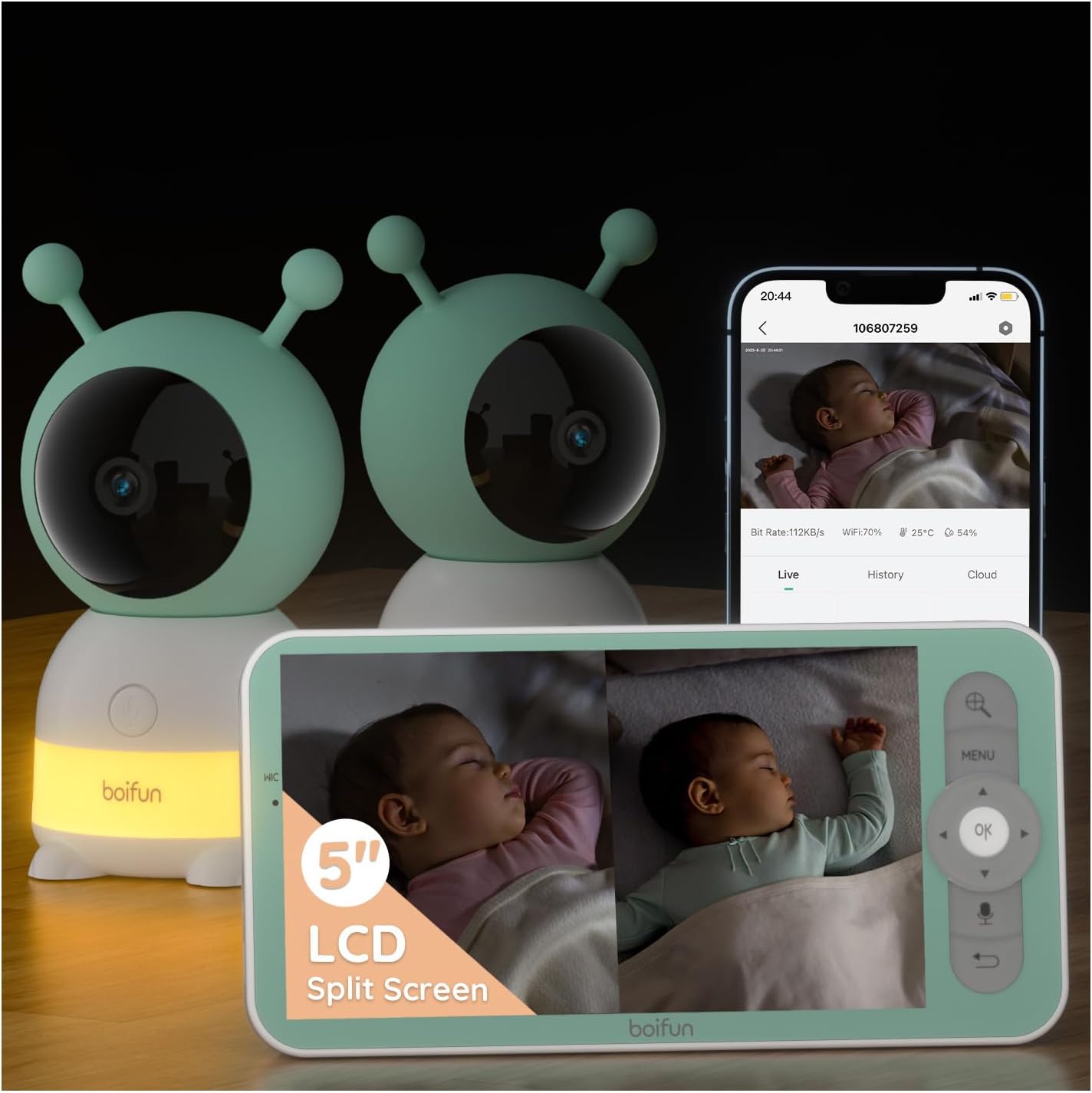 BOIFUN 2K WiFi Baby Monitor With Two Cameras, Night Light, App & 5" Split-Screen...