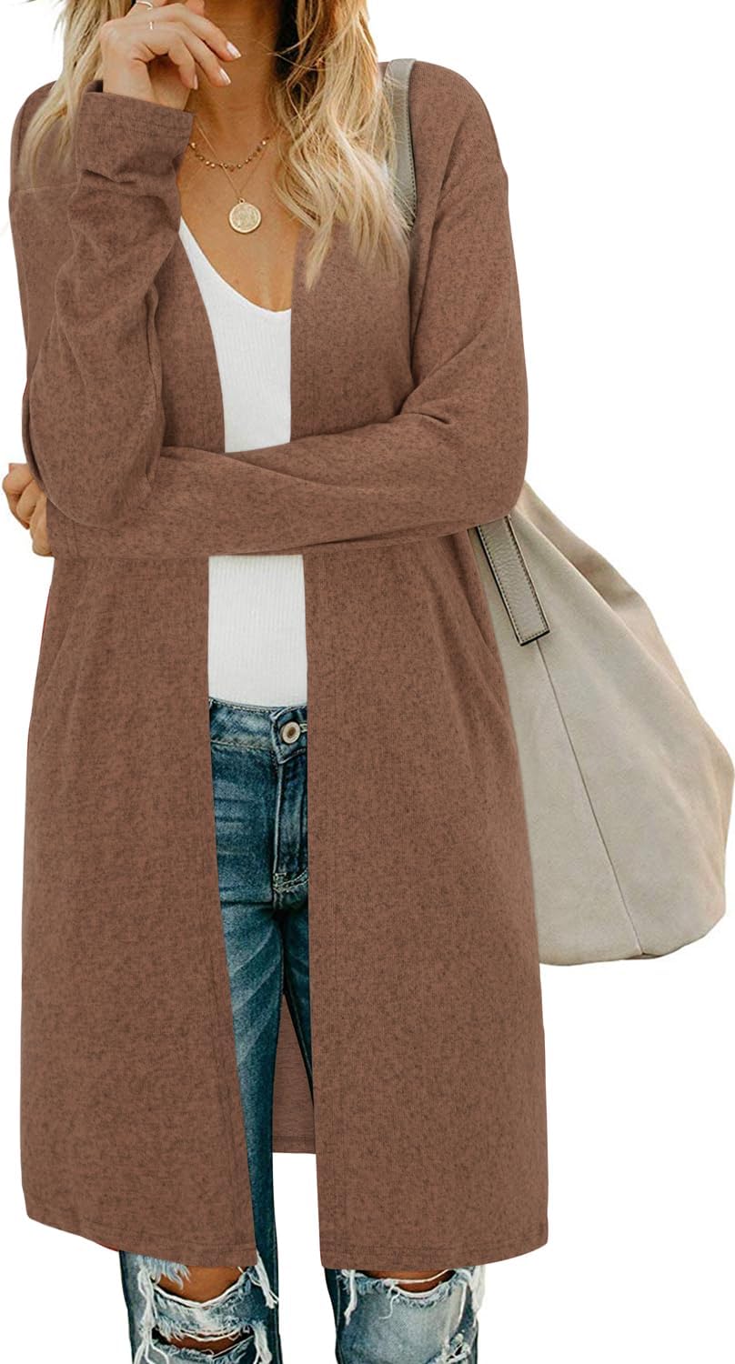OUGES Women's Long Cardigan Lightweight Long Sleeve Ladies Open Front Casual Aut...