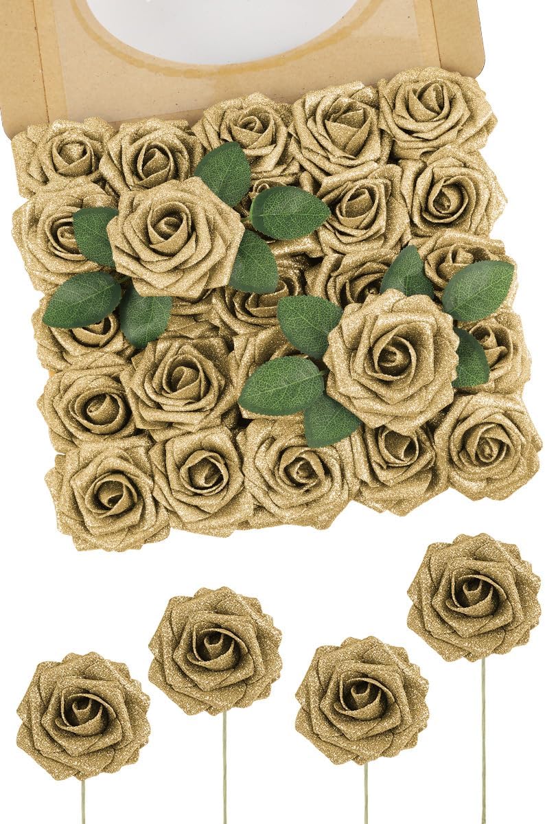 N&T NIETING Artificial Flowers Glitter Rose, 25pcs Fake Roses Flowers with Stems...