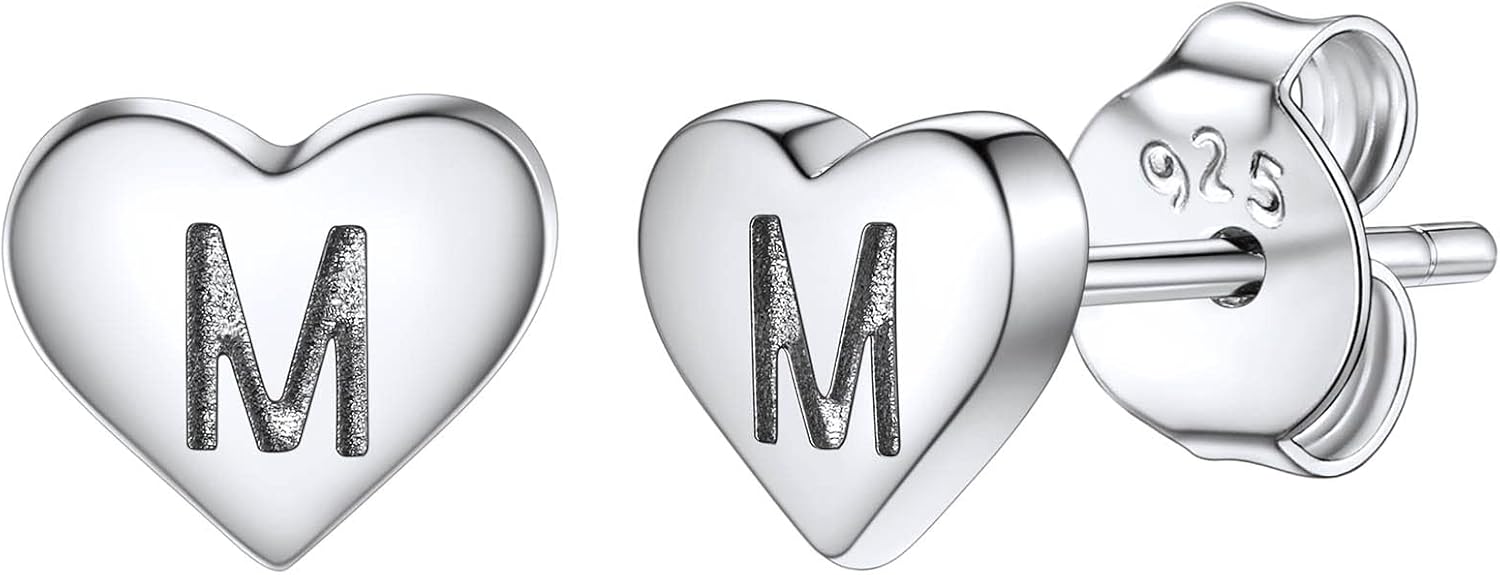 Sterling Silver Earrings for Women, Hypoallergenic Heart Earrings, Initial Ear S...