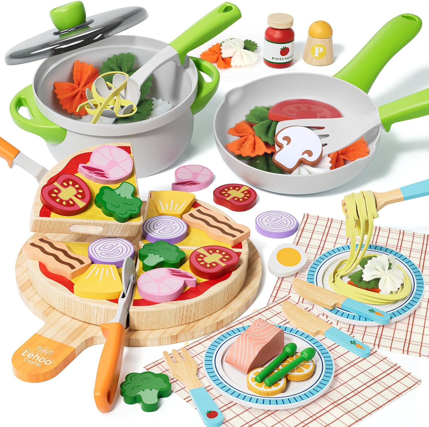 Lehoo Castle Wooden Kitchen Food Toys, Toy Kitchen Accessories & Pizza Pasta Pla...