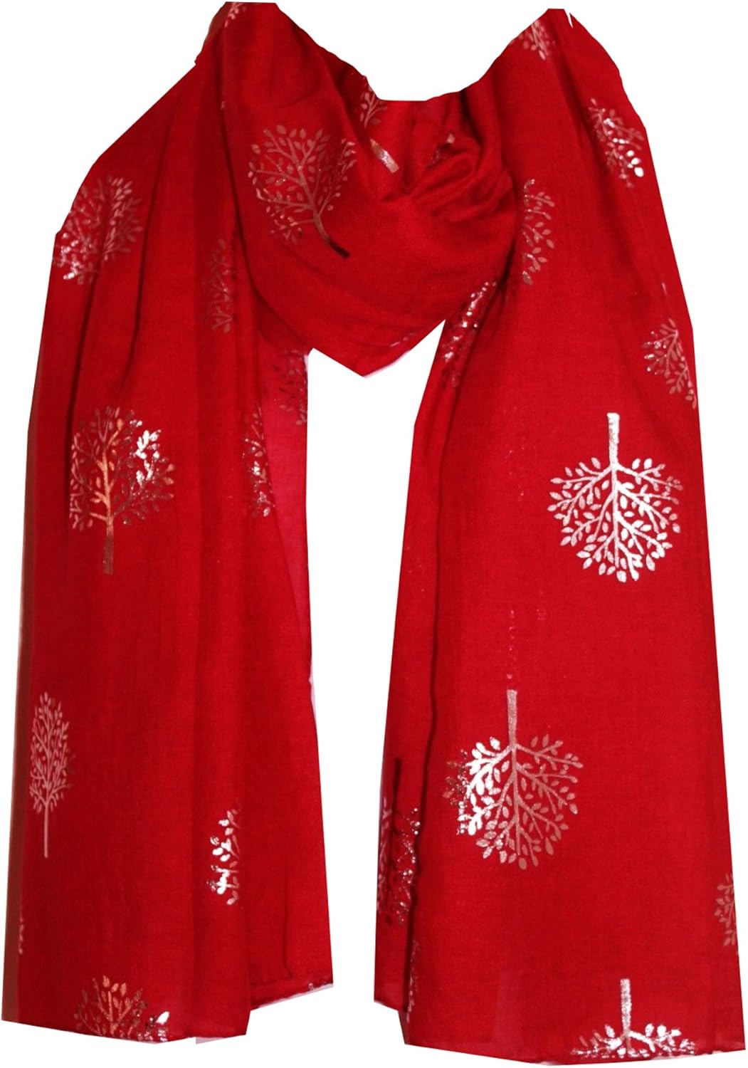 World of Shawls Silver Foil Mulberry Tree Print Fashion Scarf Red