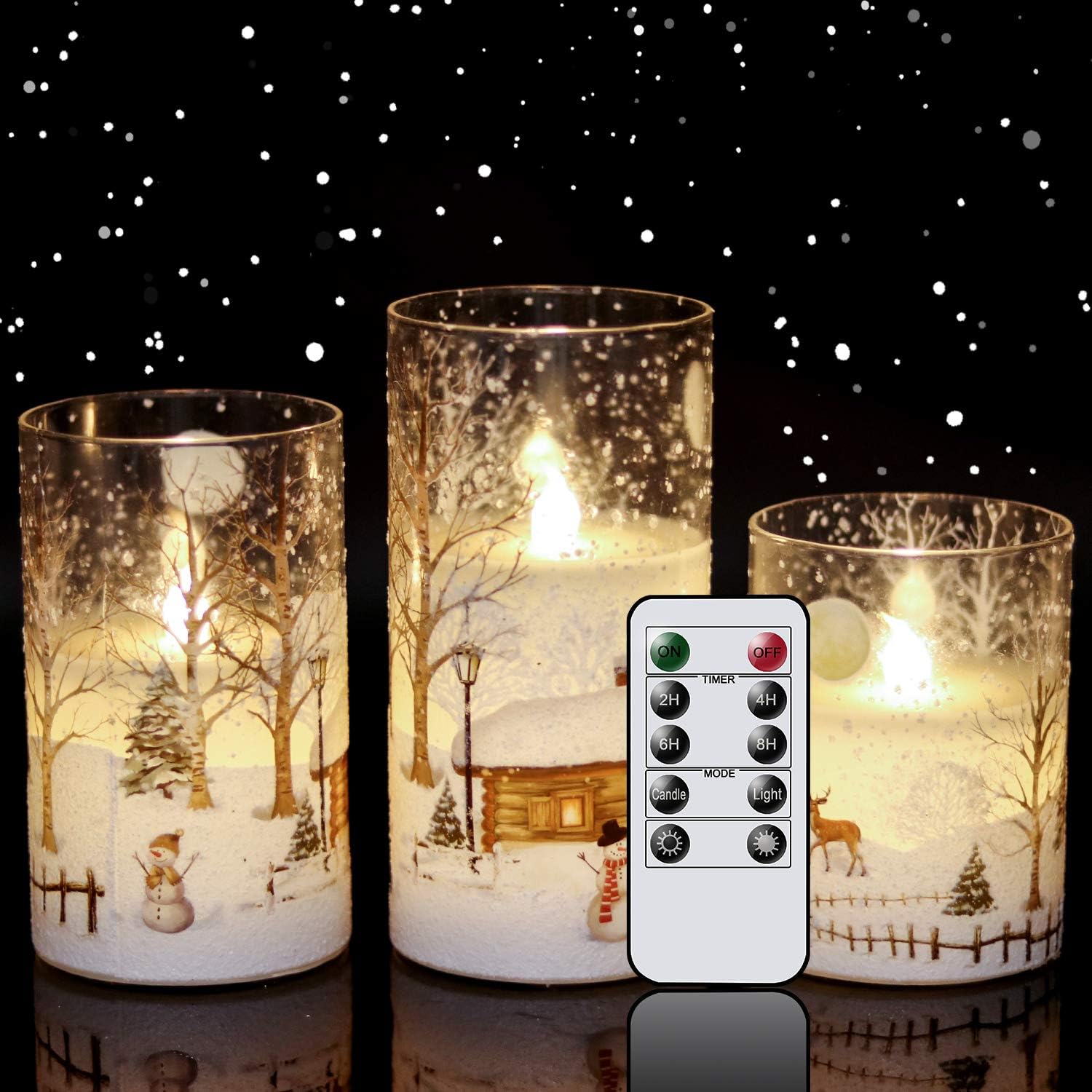 Eldnacele Glass Flickering Flameless Snowman Candles with Remote Timer Battery O...