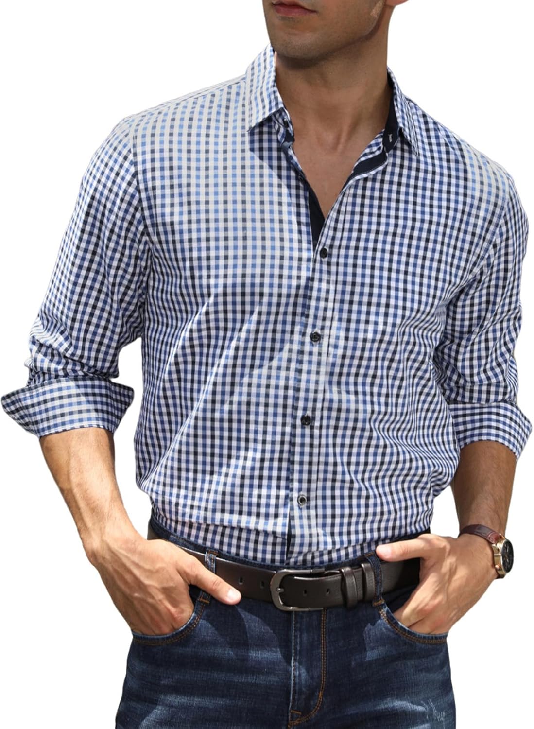 Elegancity Mens Dress Shirt Plaid Cotton Business Formal Shirts Regular-Fit Wrin...