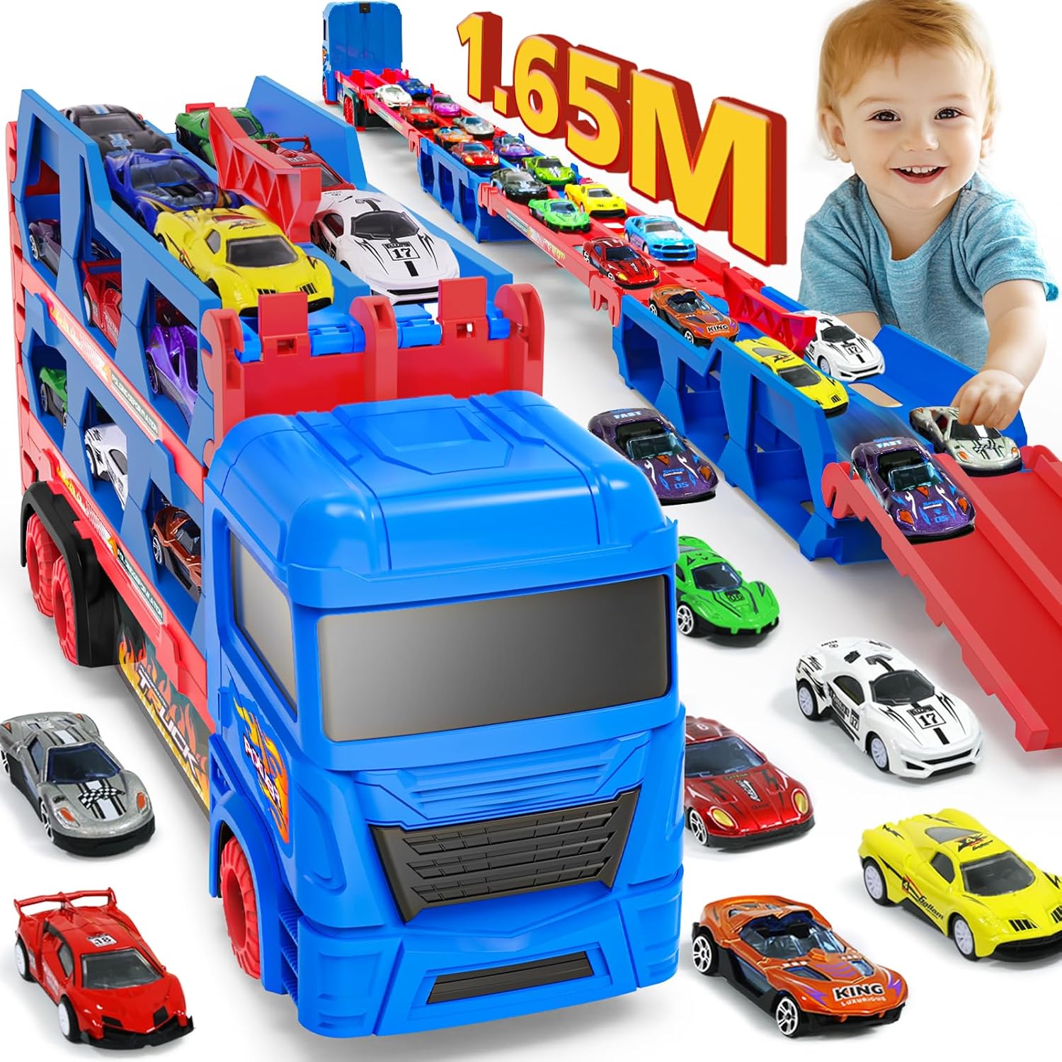 Carrier Truck Toys for Kids, 65inch&Foldable Ejection Race Track Playset with 10...