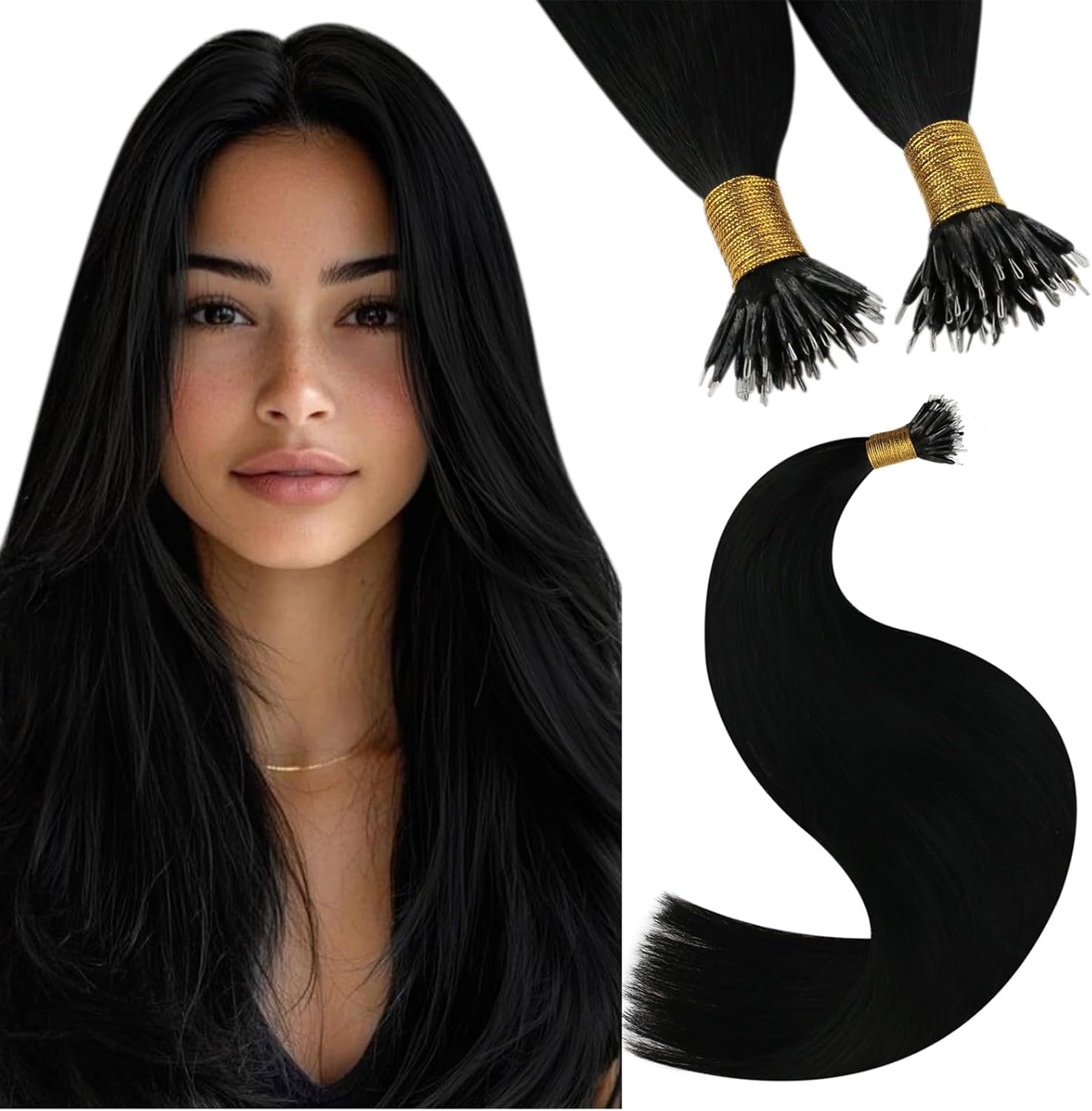 YoungSee Black Nano Hair Extensions Real Human Hair Jet Black Nano Beads Hair Ex...