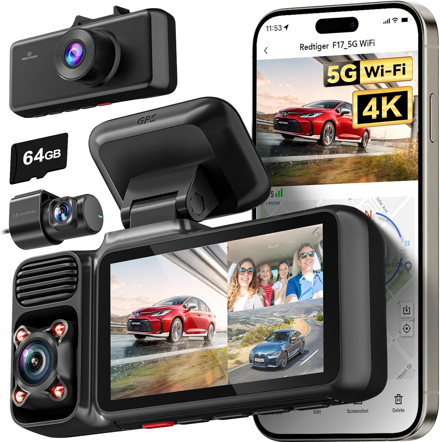 REDTIGER 4K 3 Channel Dash Cam 5G WiFi Built-in GPS, Included 64GB Card, 2160P+1...