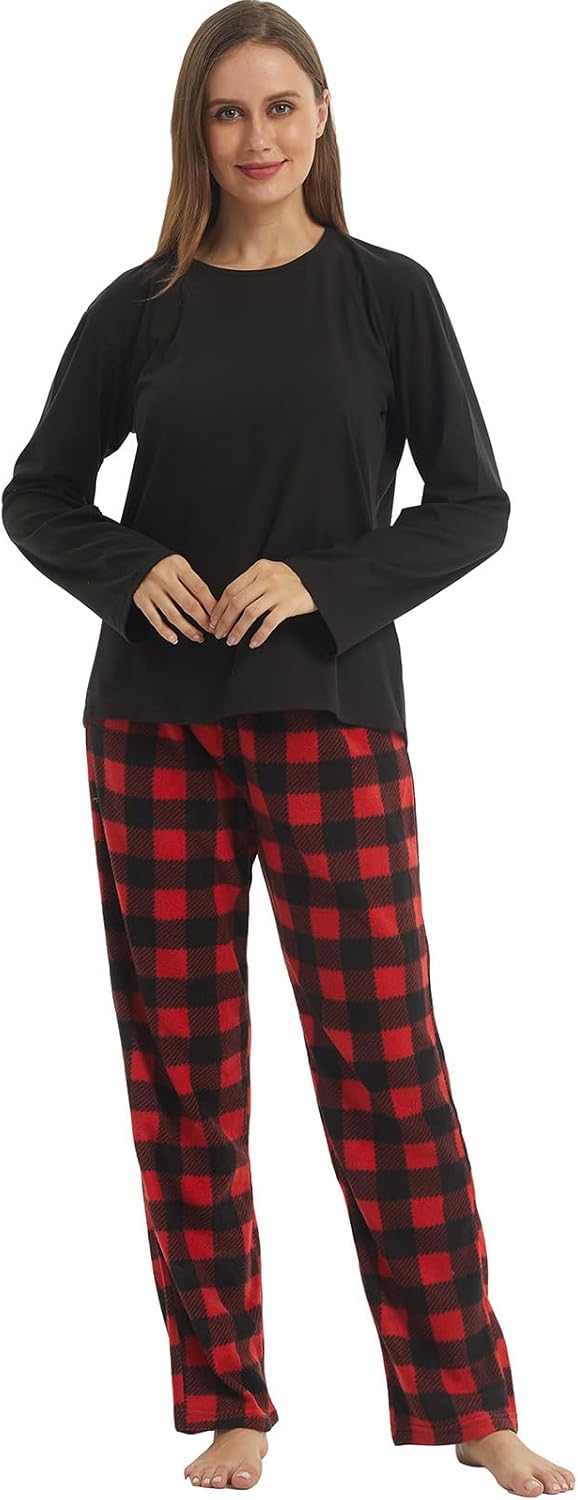 LANBAOSI Women's Warm Pyjama Sets Long Sleeve with Plaid Pants Soft Sleepwear Cr...