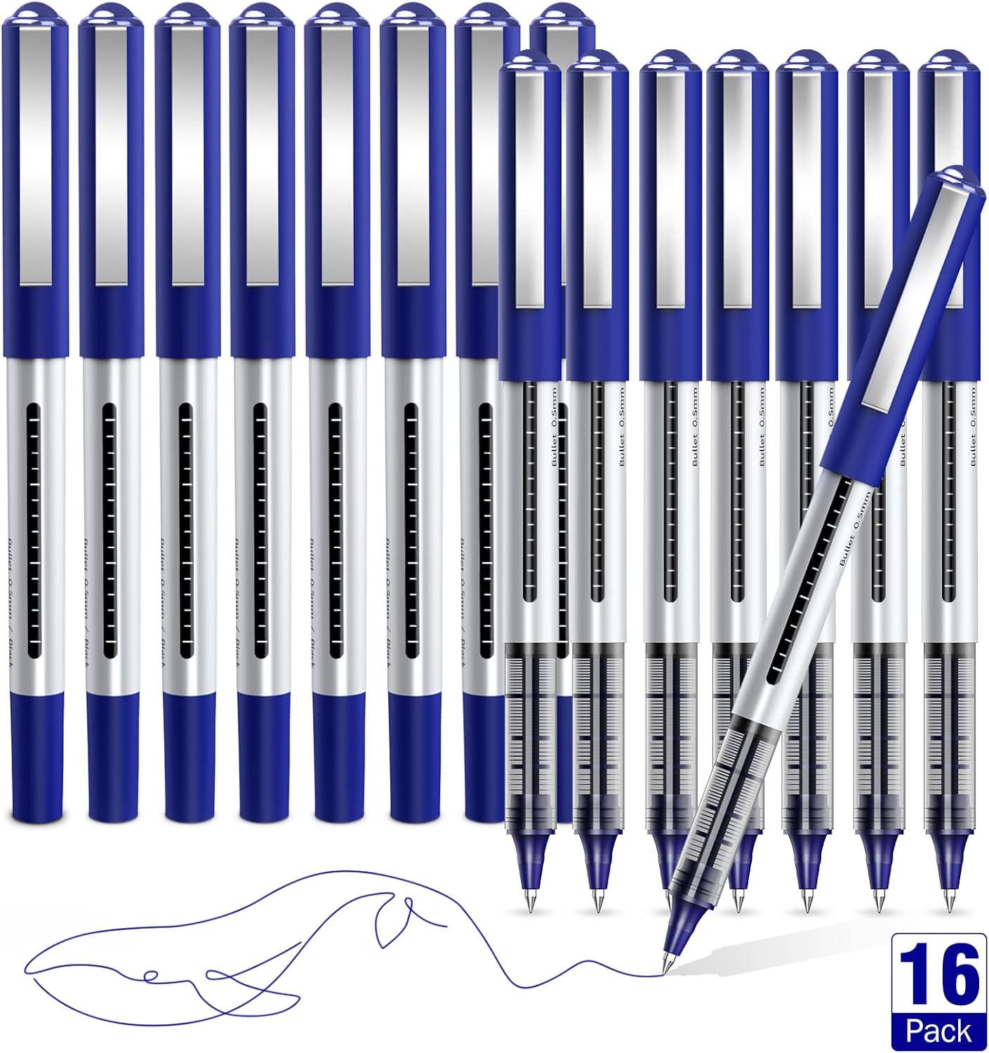 AKARUED Rollerball Pens 16 Pack Blue Gel Pens, 0.5mm Liquid Ink Rollerball Pen,...