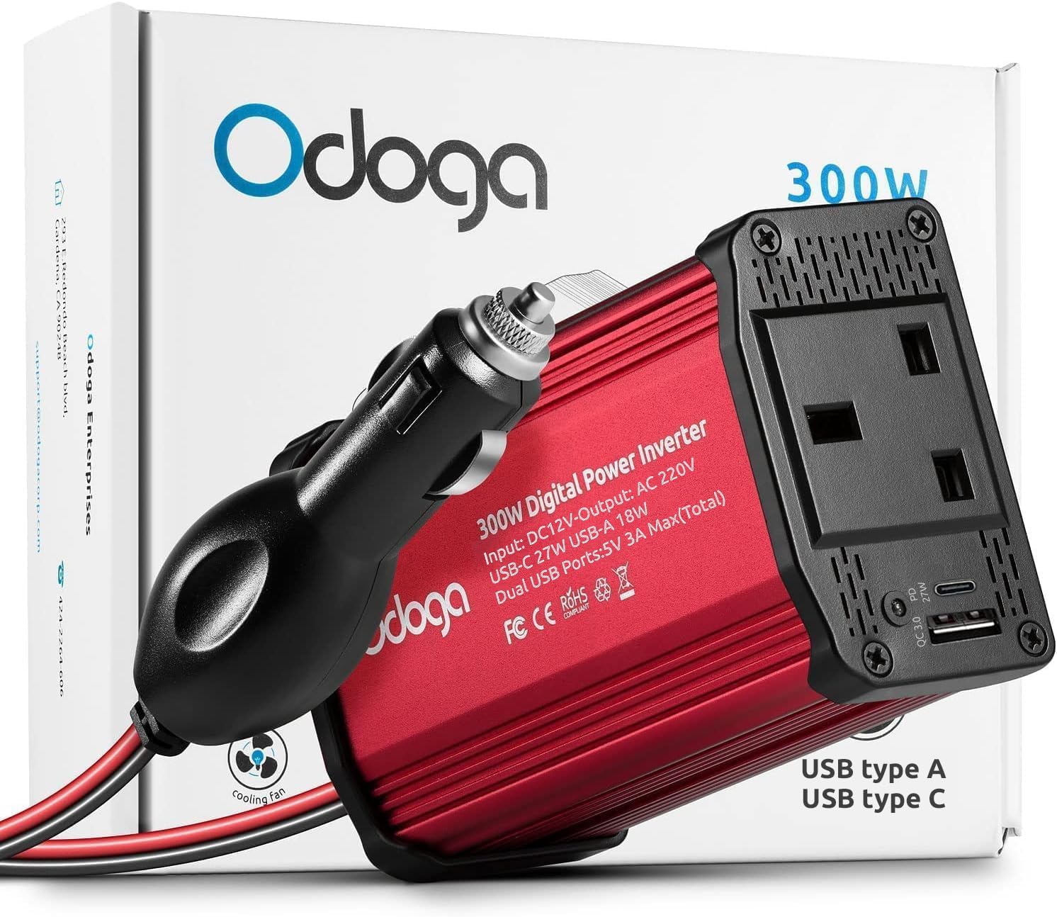 Odoga 300W Car Power Inverter 12V to 240V / 230V Converter, USB-A and USB-C 3A C...