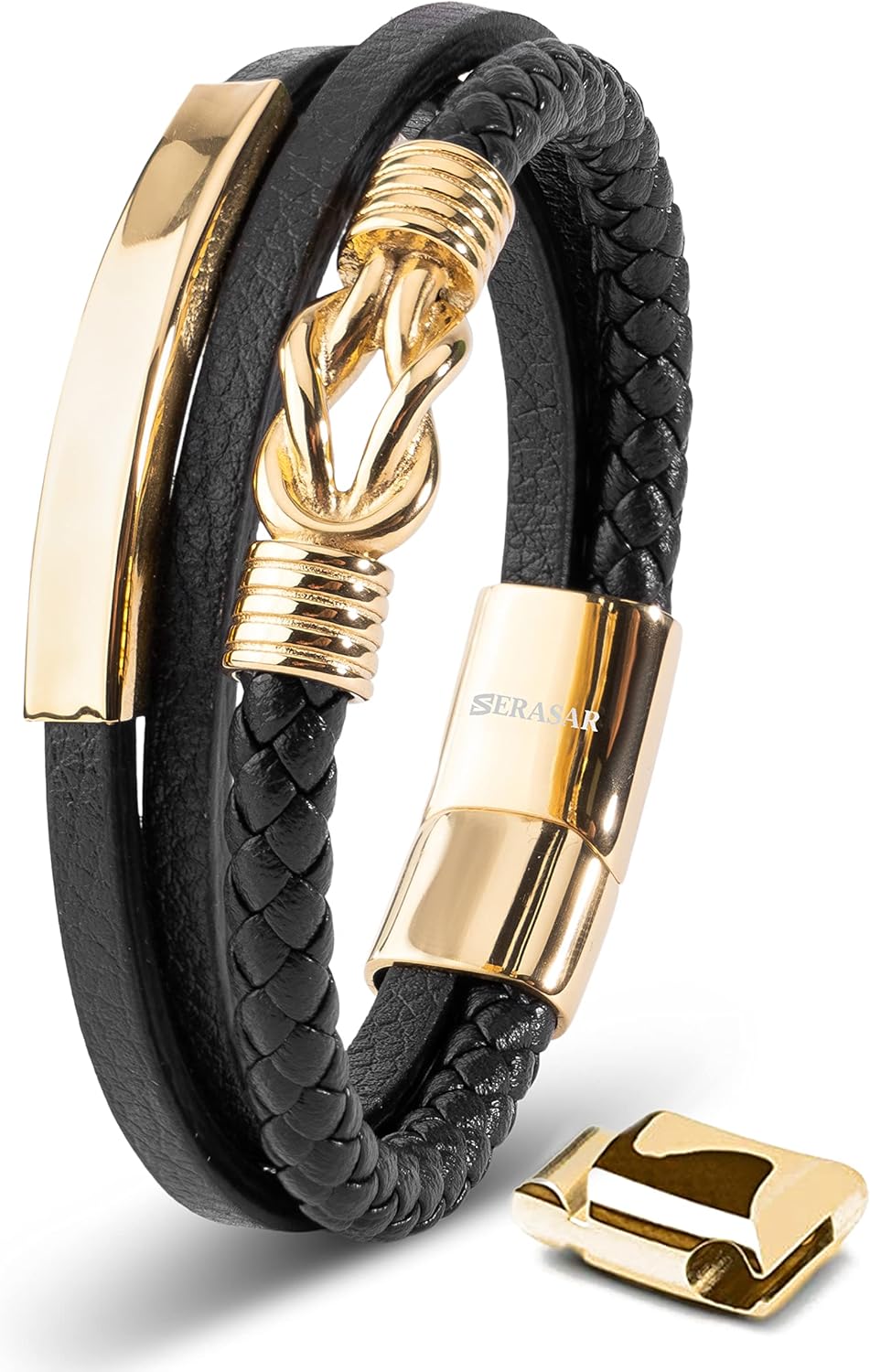 SERASAR Premium Leather Bracelet for Men - Magnetic Stainless Steel Clasp in Bla...