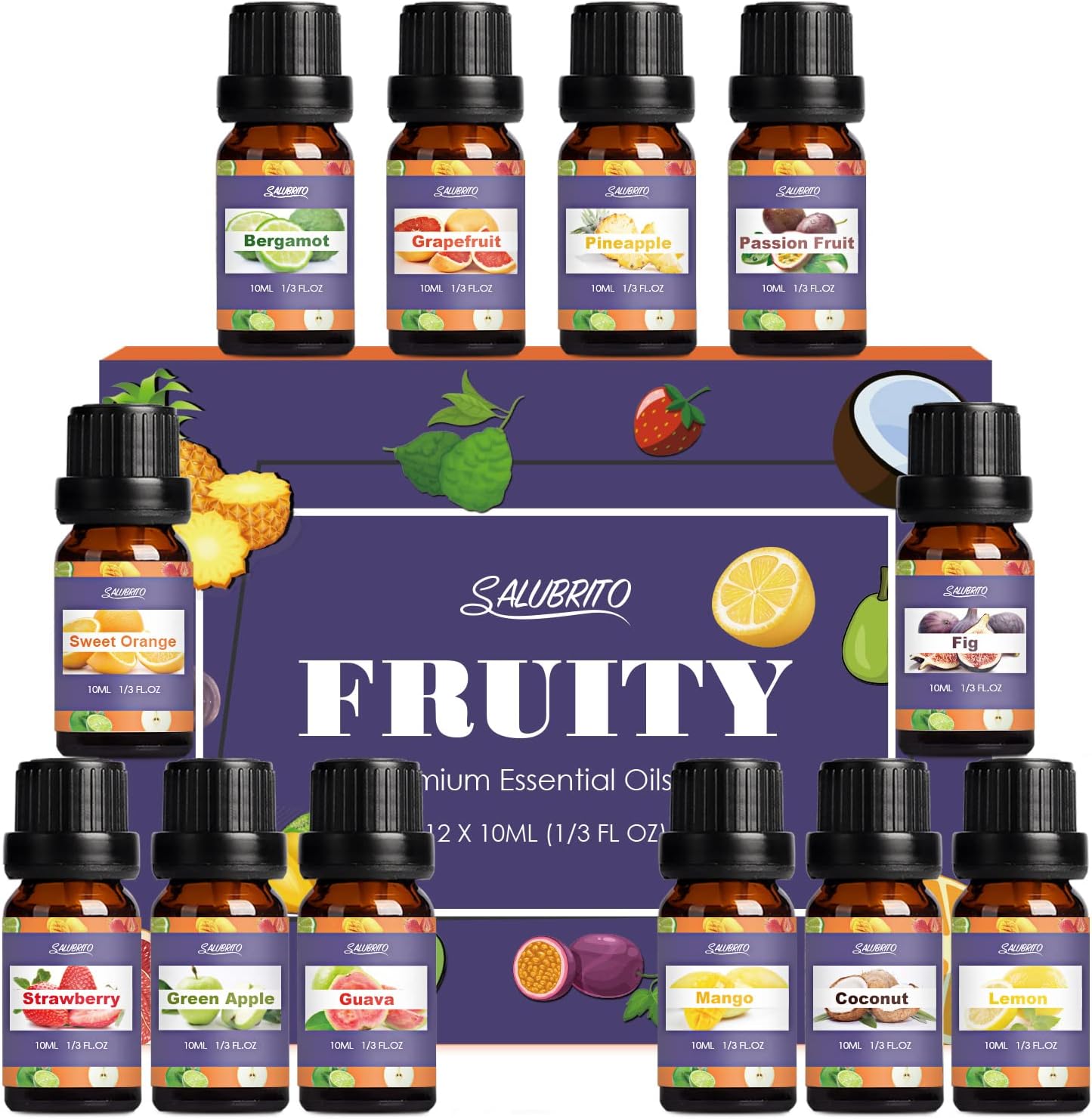 SALUBRITO Fruit Essential Oils Set 12 x 10ml, Fruity Fragrance Oils for Diffuser...