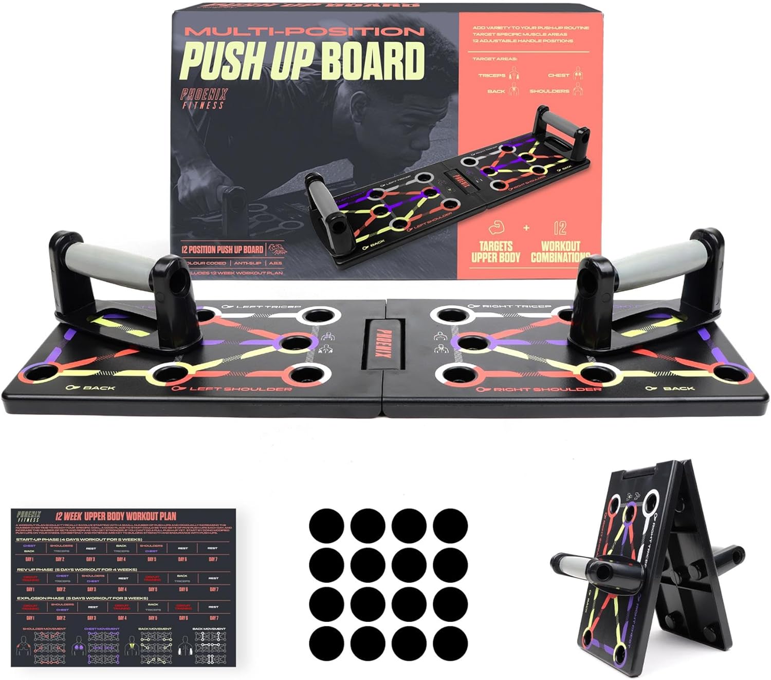 Phoenix Fitness Foldable Push Up Board - 12-in-1 Press Up Board with Handles & W...