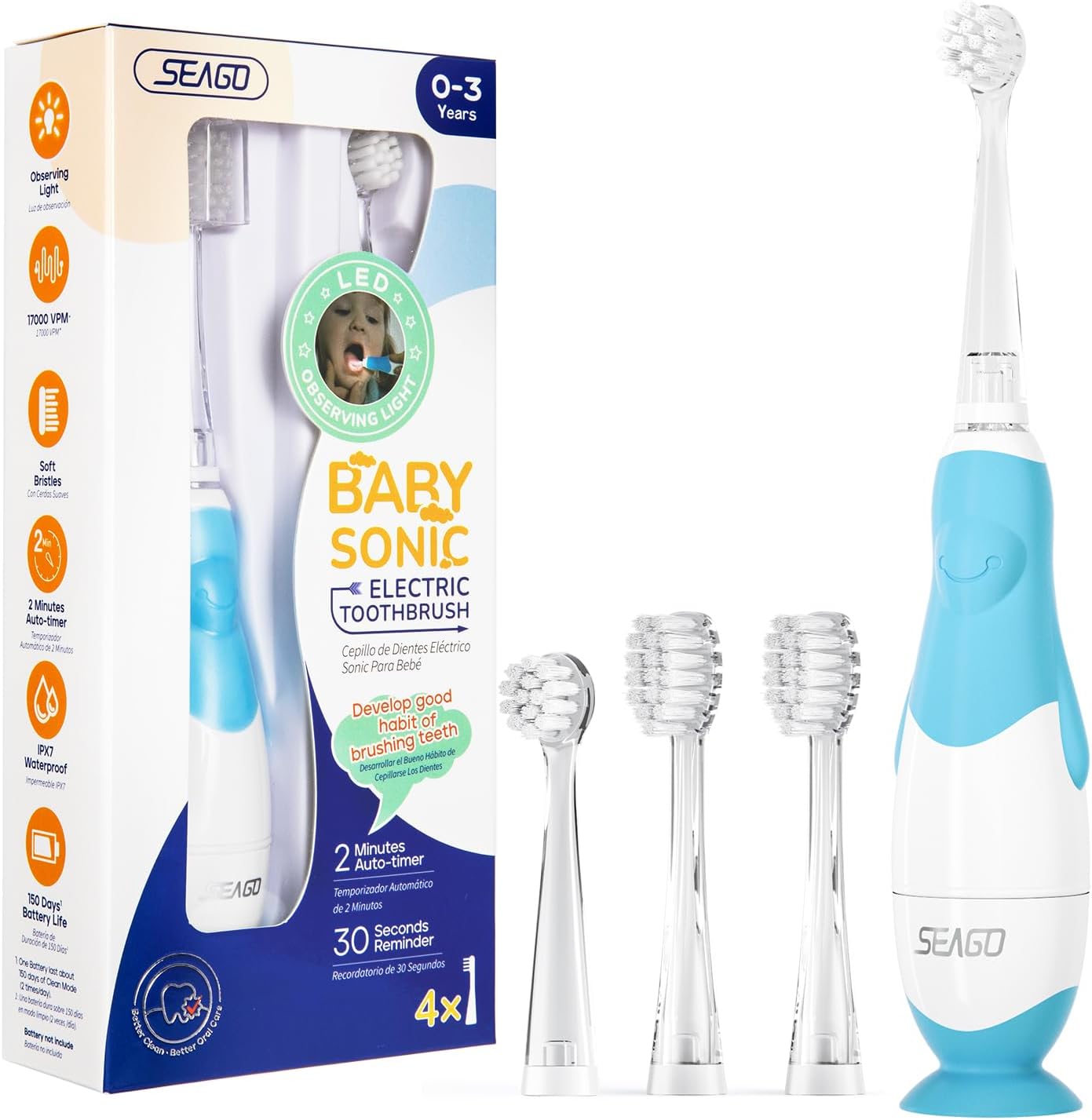 Seago Baby Electric Toothbrush,Children's Power Toothbrushes with 4 Brush Heads...