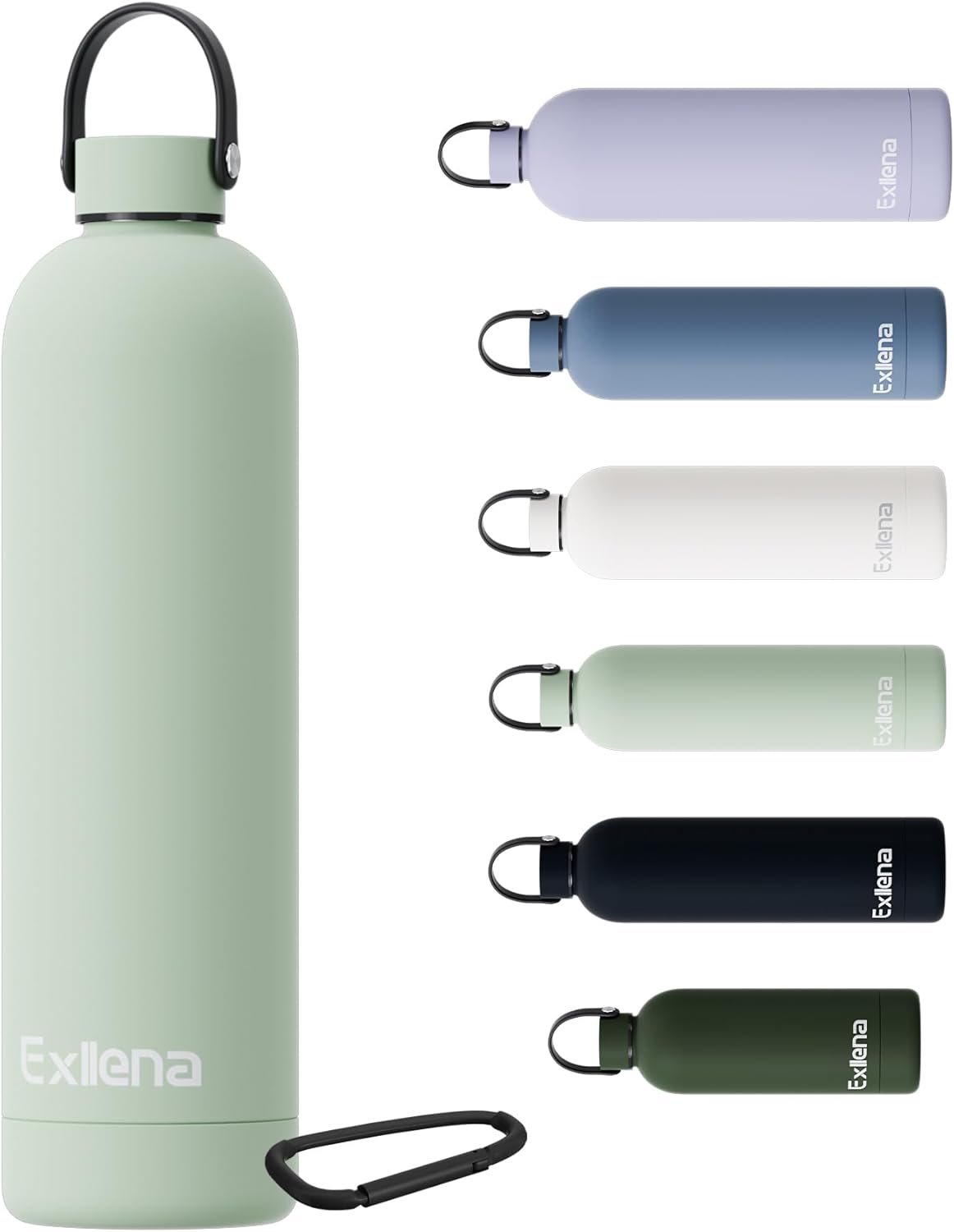 Exllena 1l Water Bottles Metal with Handle Lid and Carabiner, Double Wall Vacuum...
