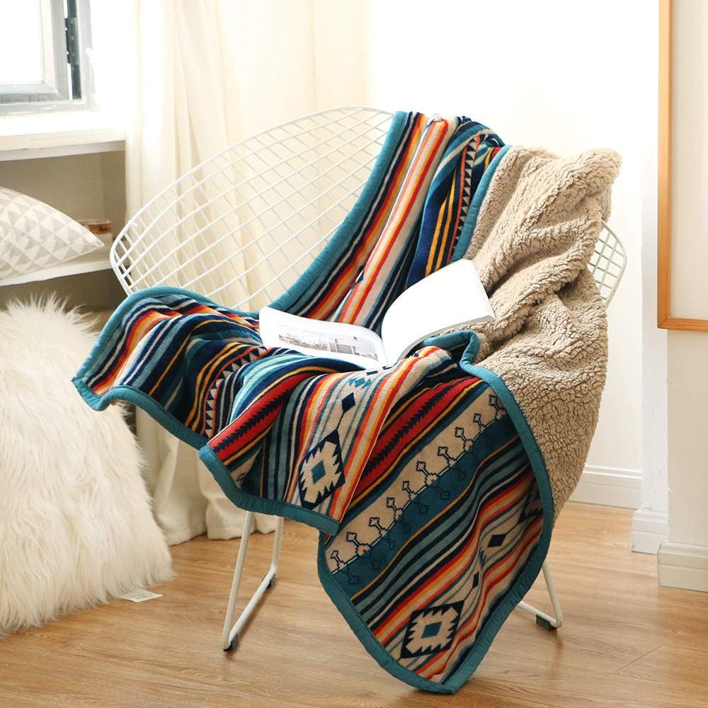 Qucover Flannel Fleece Throw Blanket Bohemian Blue Stripe Pattern Reversible She...