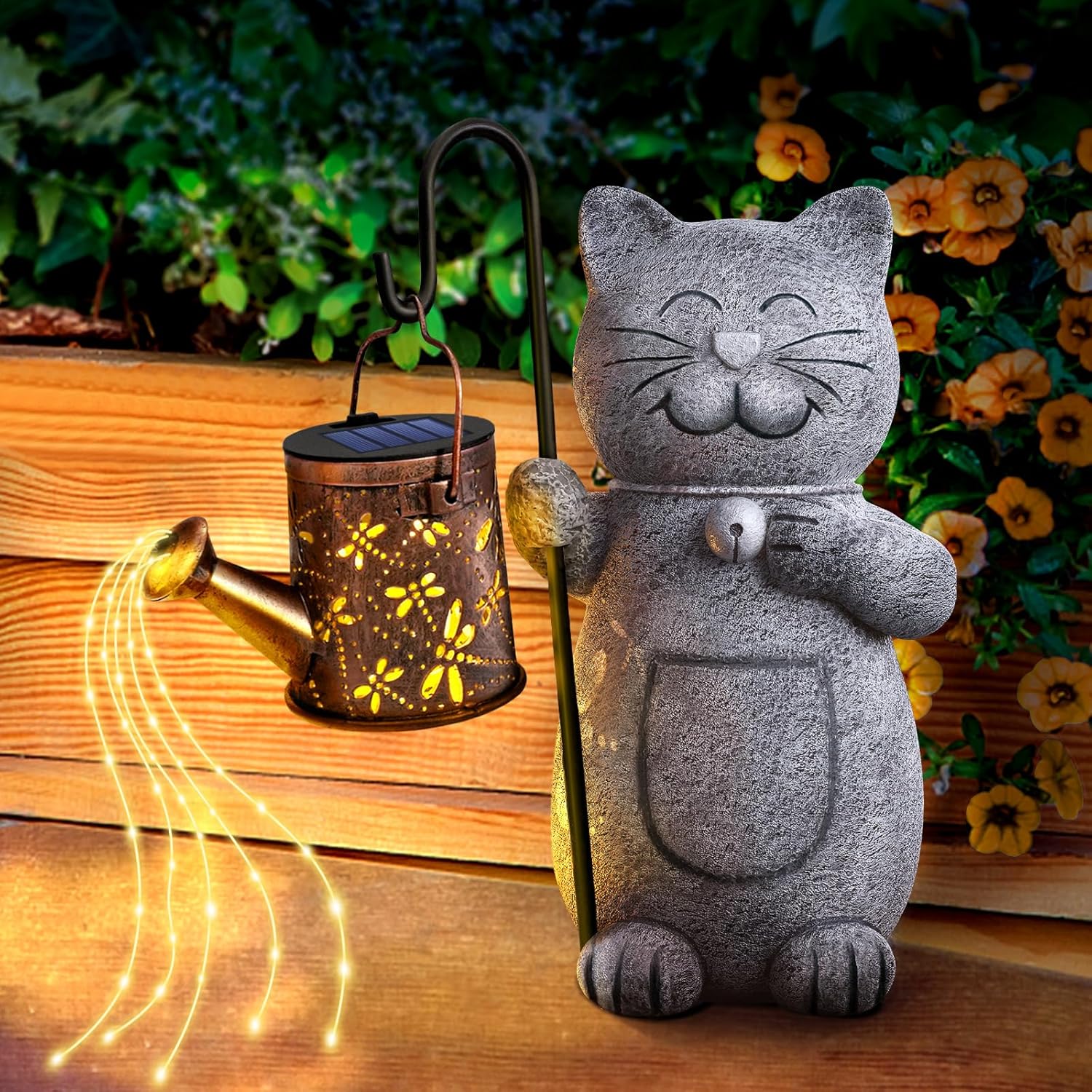 Stocking Stuffers Gifts for Women, Solar Garden Outdoor Statues Cat with Kettle...