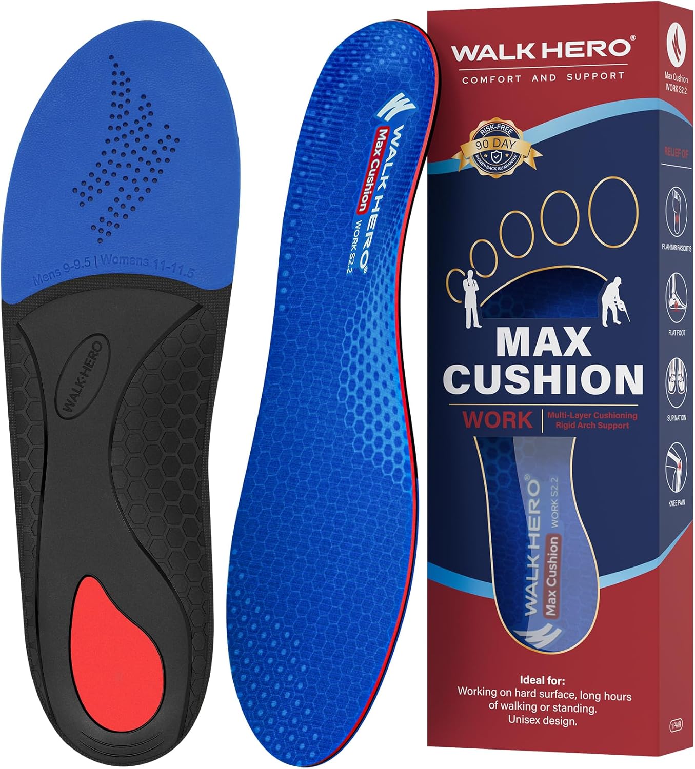 WalkHero Plantar Fasciitis Work Boot Insoles - Arch Support Inserts with Shock A...
