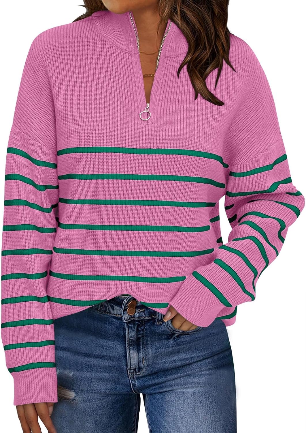 LILLUSORY Women's Quarter Zip Striped Oversized Sweater Mock Turtleneck Pullover...
