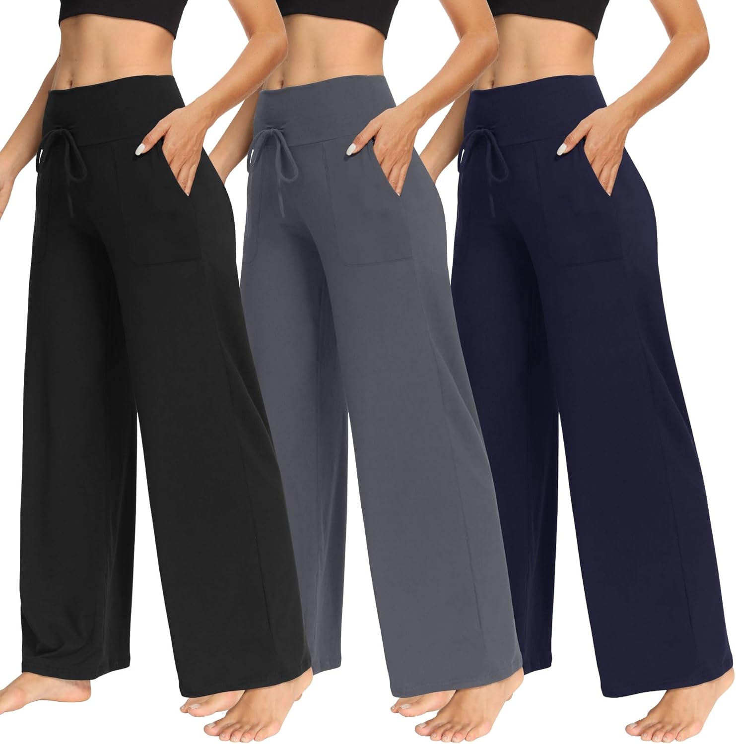 TNNZEET 3 Pack Women's Wide Leg Pants with Pockets - Casual Loose Yoga Trouser P...