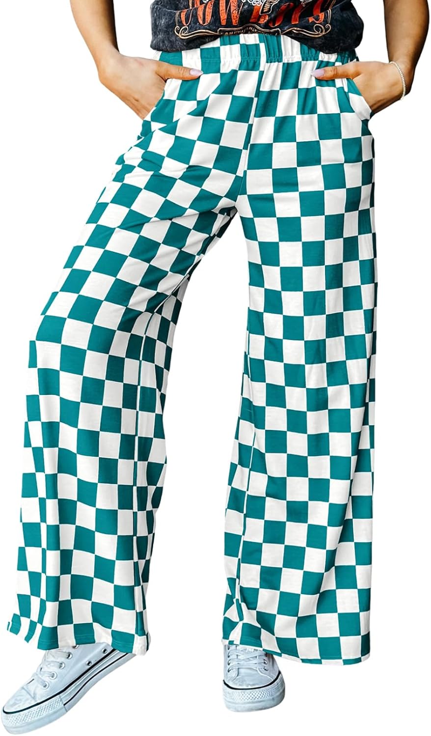 Acelitt Womens Casual Checkered Pants Elastic Waist Comfy Loose Wide Leg Pants w...