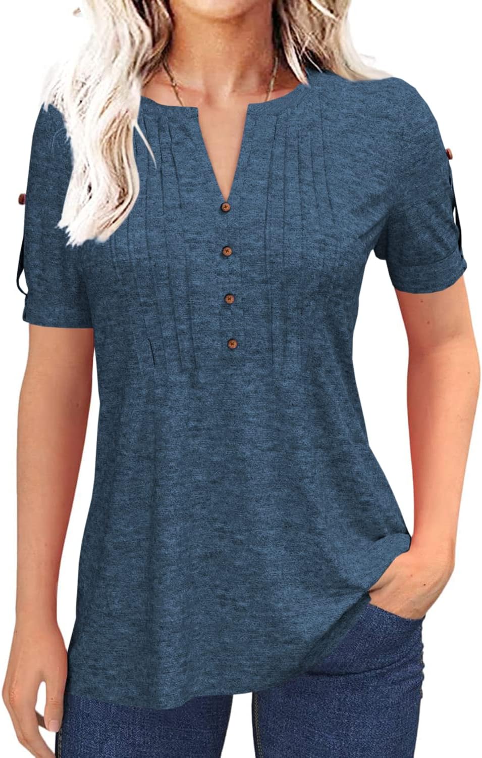 Women's Zipper Summer Pleated Button Short Sleeve T-Shirt Summer V-Neck Solid Co...