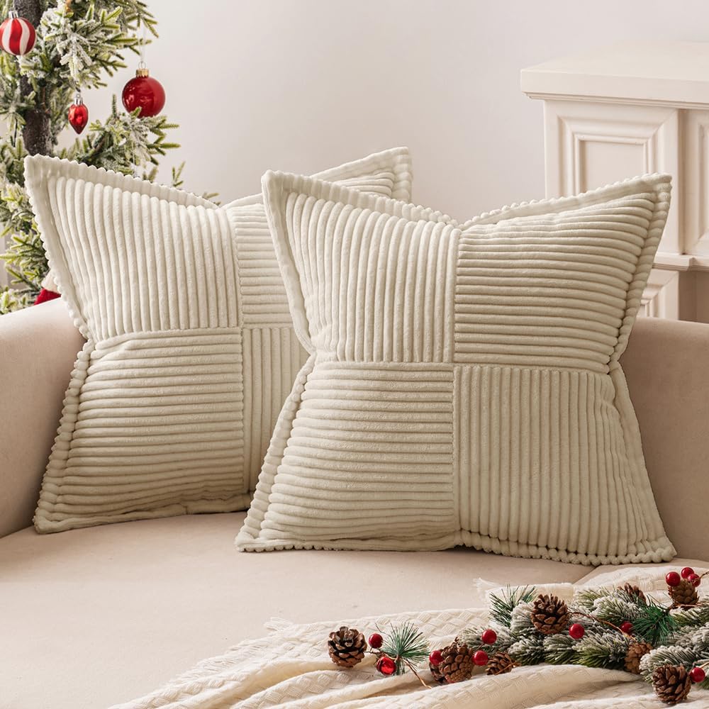 MIULEE Christmas Corduroy Cushion Covers Pack of 2 Decorative Modern Patchwork T...