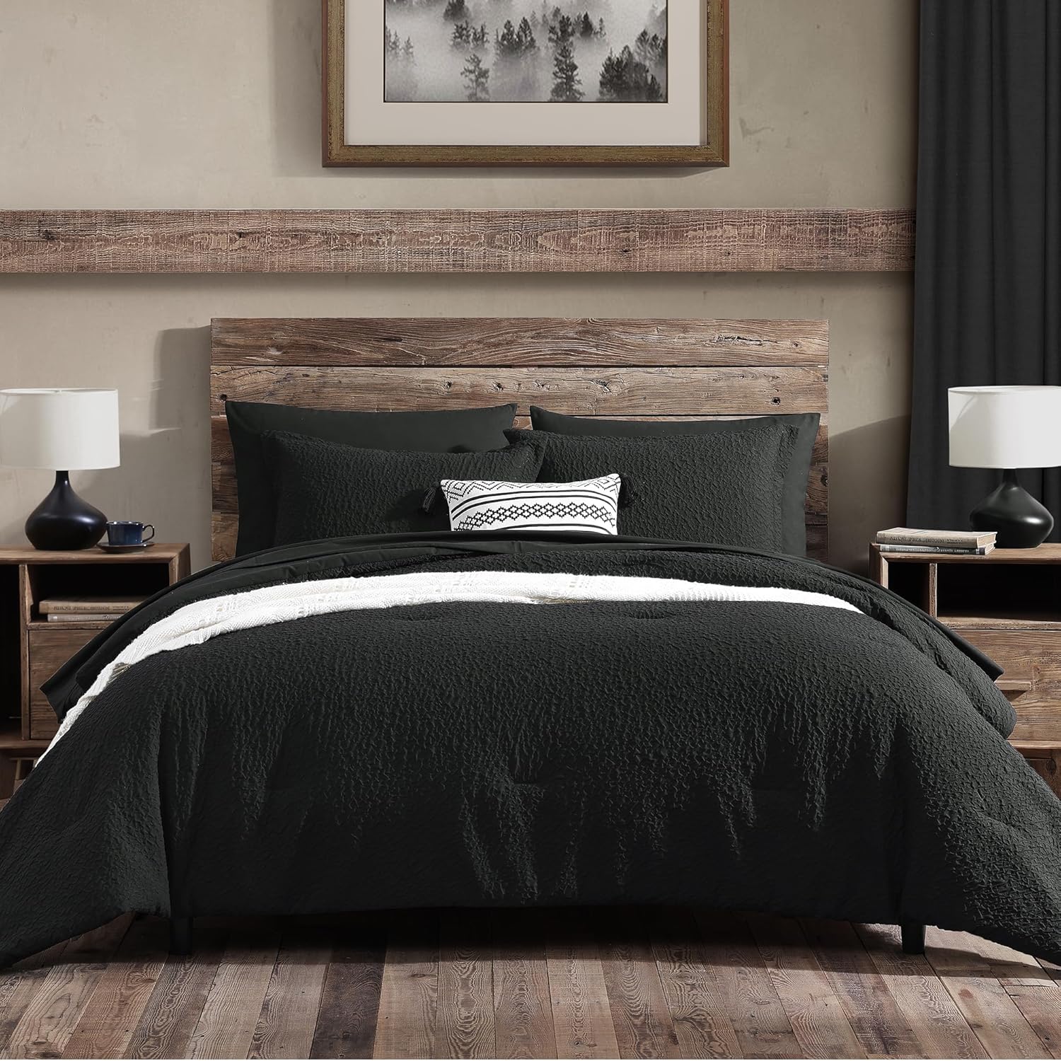 Geniospin Full Comforter Set, Bed in A Bag 7-Pieces, Black Textured All Season C...