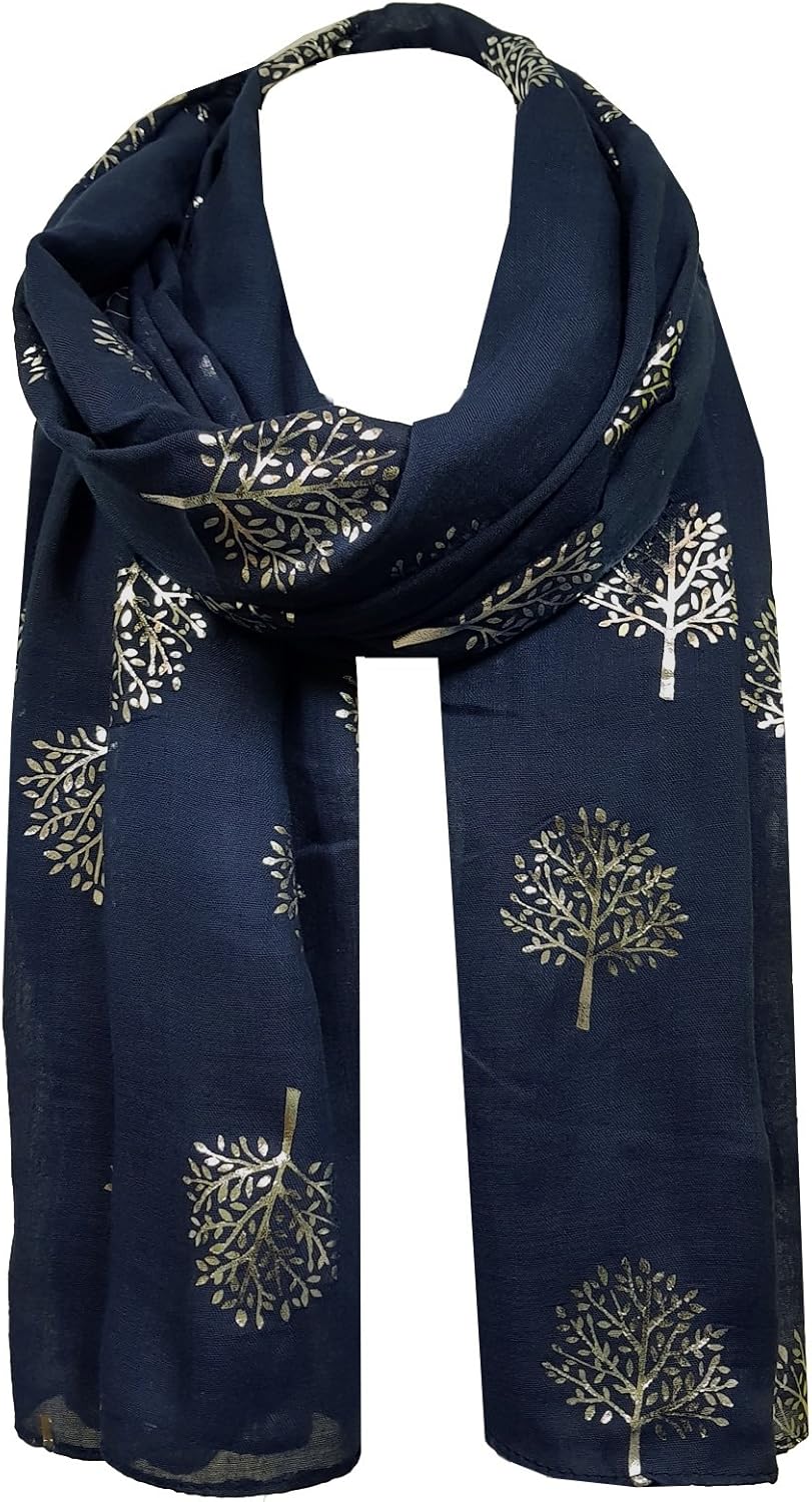 World of Shawls Silver Foil Mulberry Tree Print Fashion Scarf Navy Blue