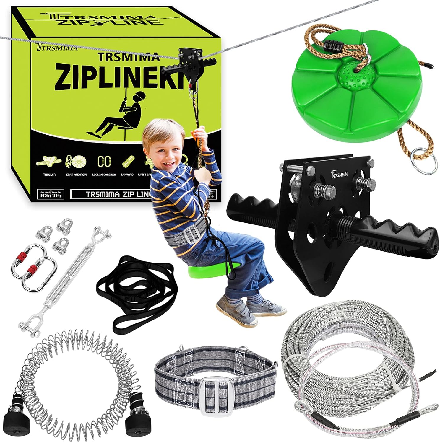 150/180/200 Feet Zip Line Kit for Kids and Adult Up to 330 lb with Zipline Sprin...