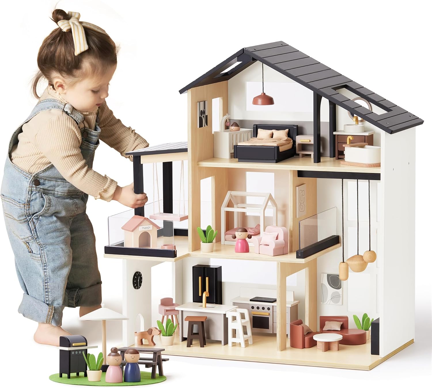 Tiny Land Doll House, Modern Family Dollhouse with Realistic Design, Wooden Doll...