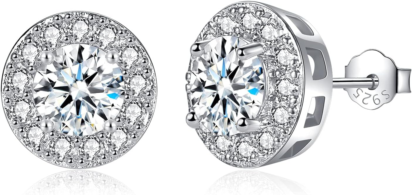 CERSLIMO Silver Stud Earrings for Women Girls, Round Faux Diamond Halo Earrings...