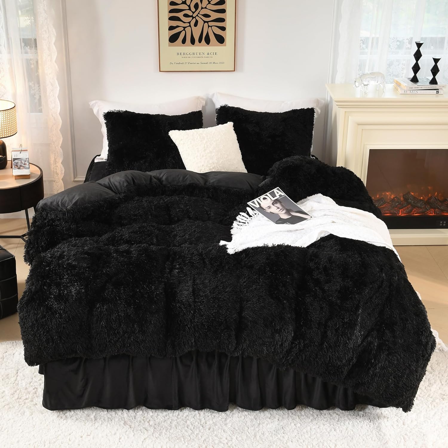 Litanika Black Fluffy Comforter King Size, Luxury Plush Faux Fur Bedding Set for...