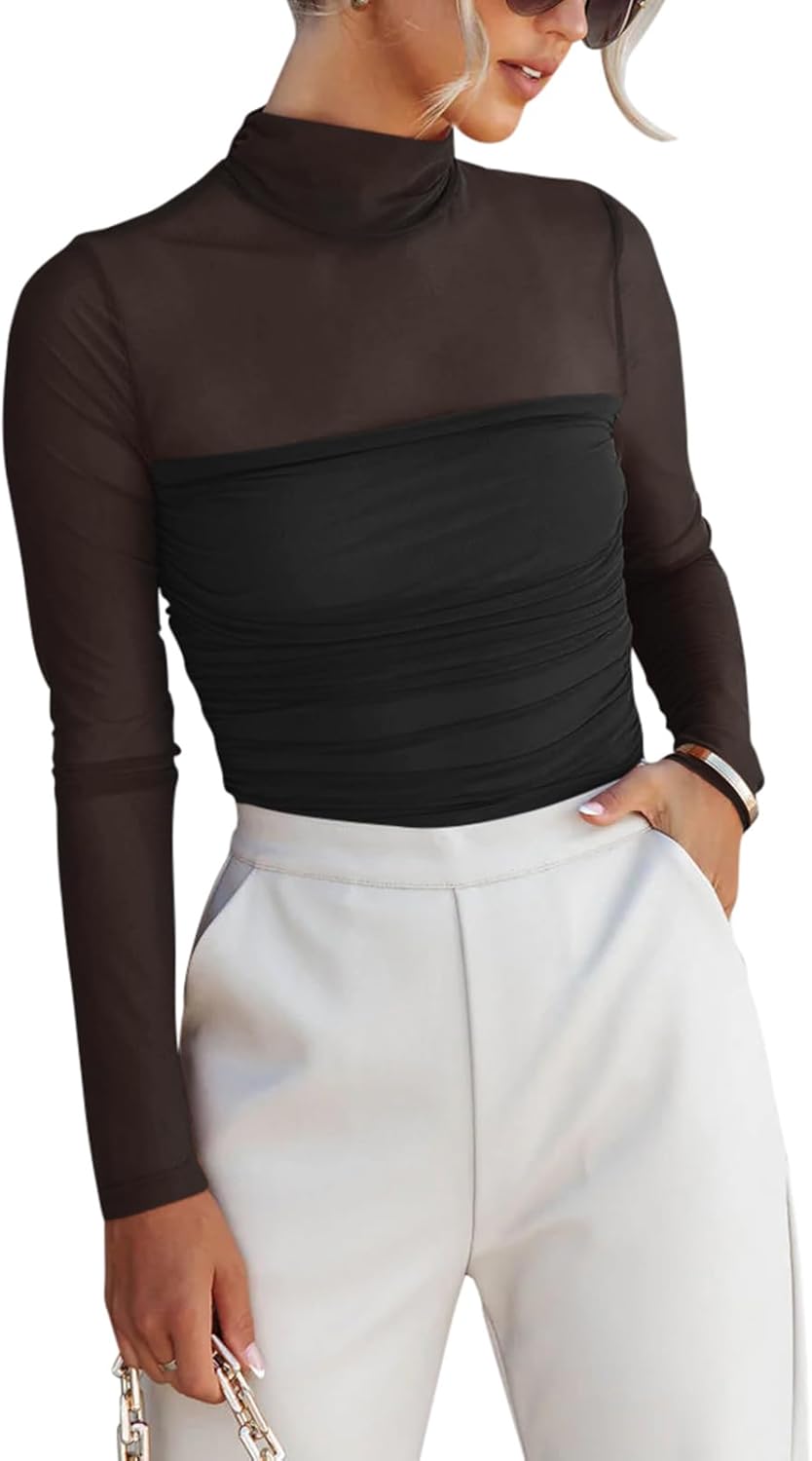 REORIA Women’s Trendy Sexy Mock Turtle Neck Long Sleeve Sheer Mesh Ruched Going...