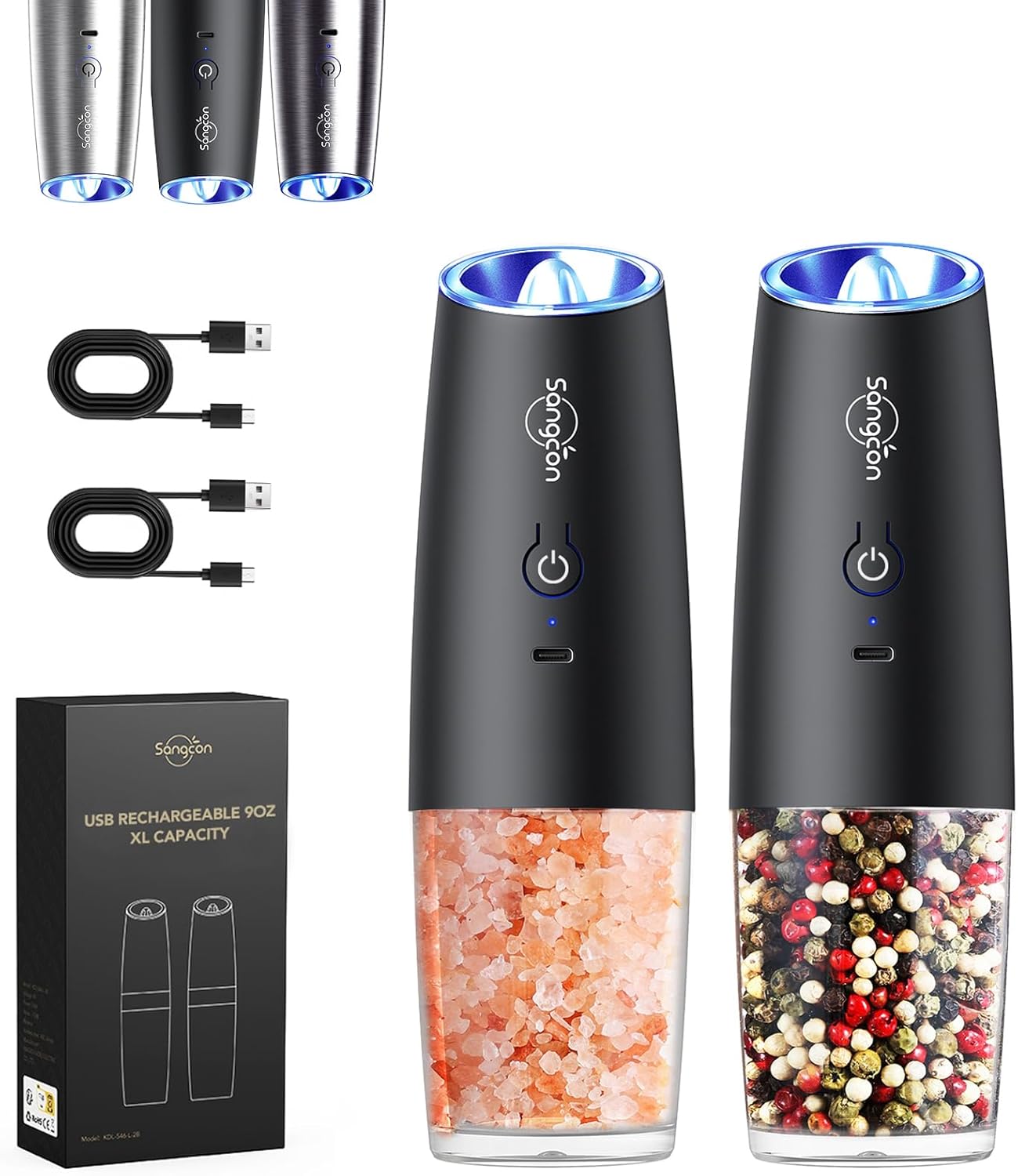 Sangcon Gravity Electric Salt and Pepper Grinder Set RECHARGEABLE Automatic Salt...