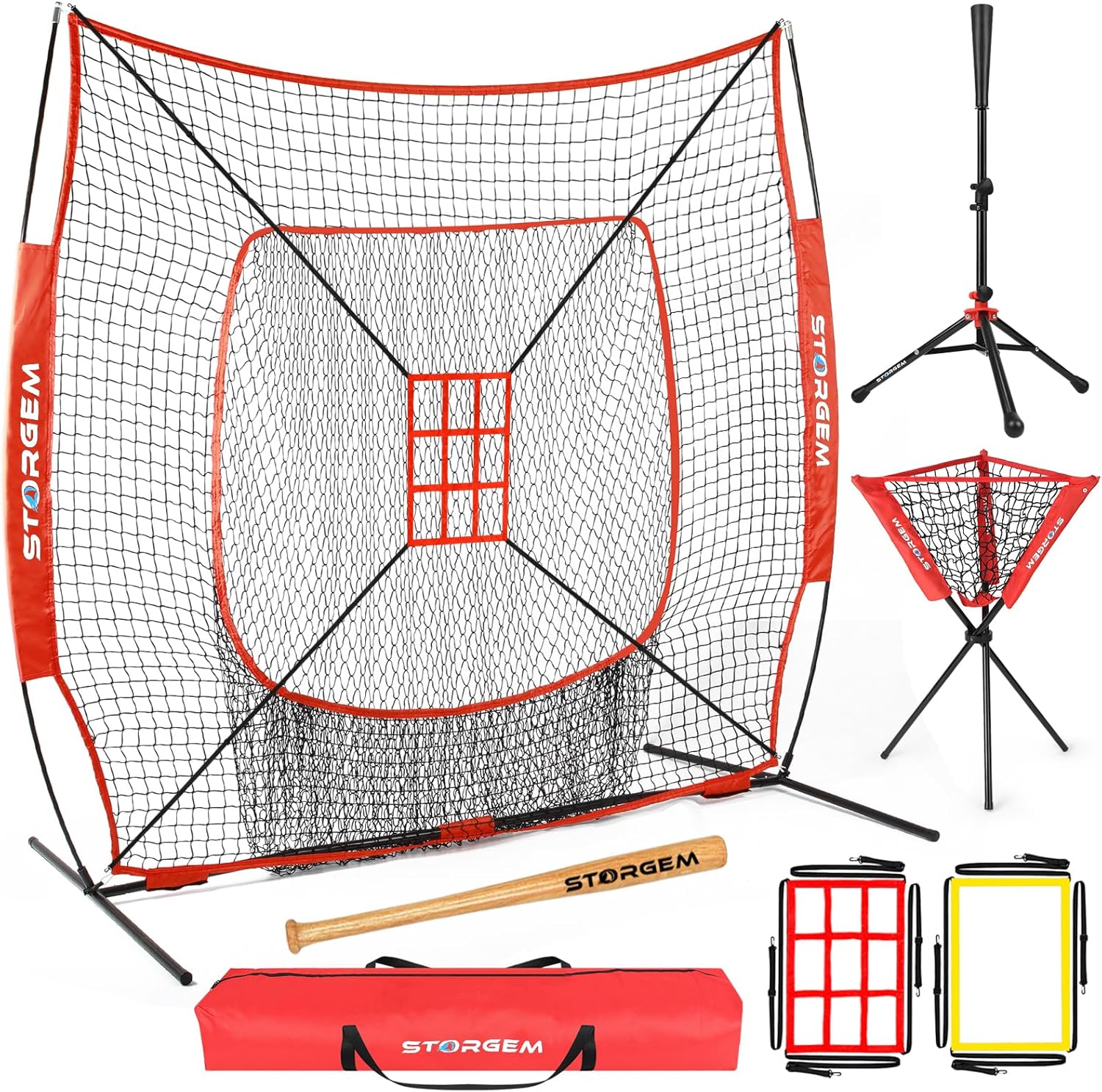 Storgem Baseball and Softball Practice Net 7×7ft Portable Hitting Pitching Batti...