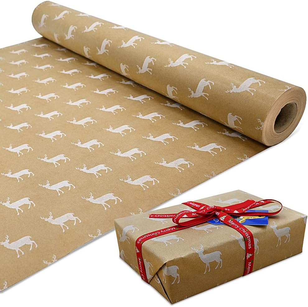 15m Roll of Kraft White Elk Wrapping Paper Roll,100% Recyclable ECO Gift For Bir...