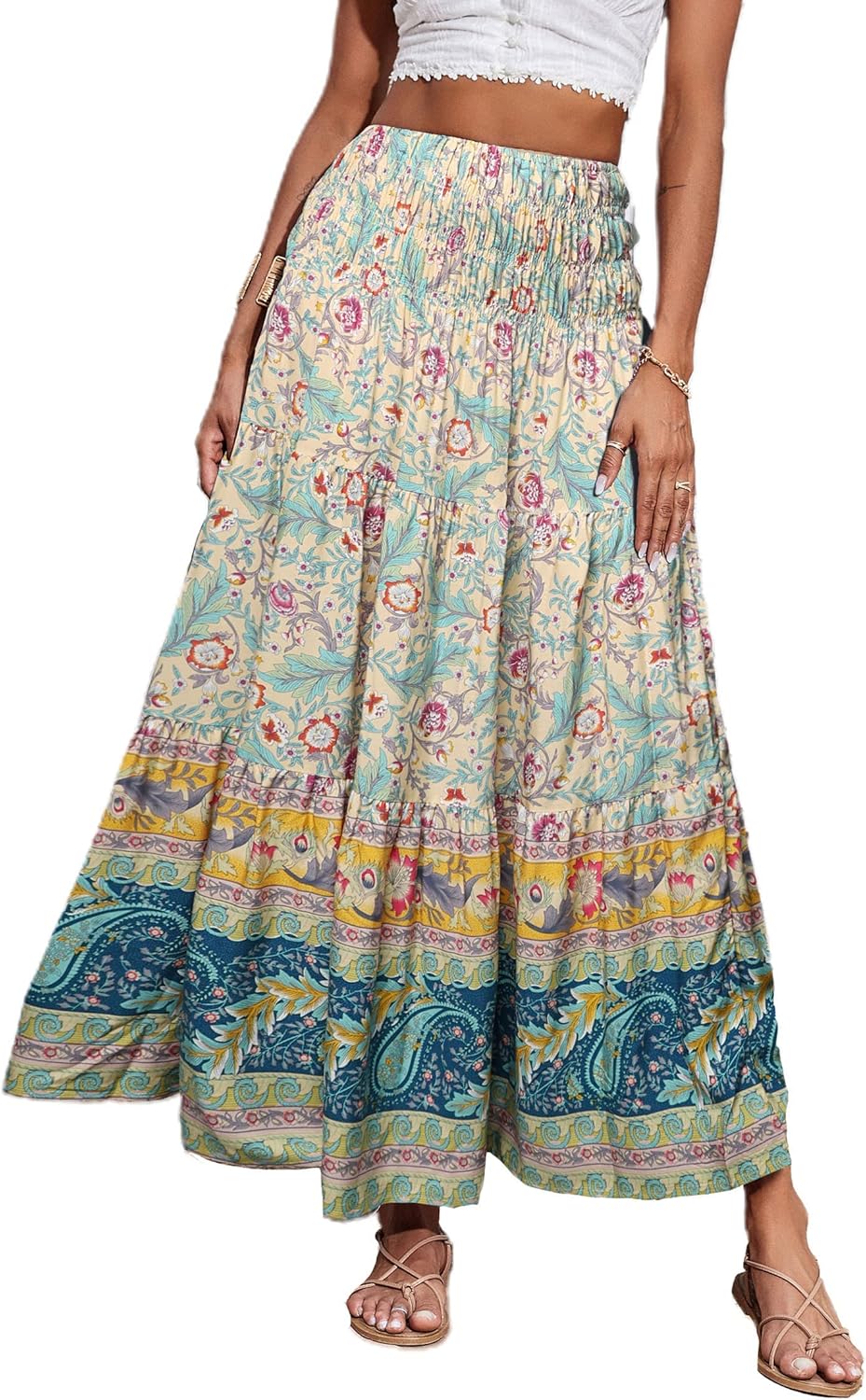 CFLONGE Women's 2024 Bohemian Long Skirts Flowy High Waist A Line Maxi Skirts fo...
