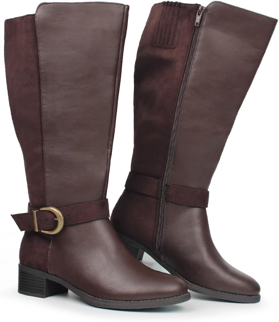 Hawkwell Women's Extra Wide Calf Pull On Side Zipper Knee High Boots 9 Brown