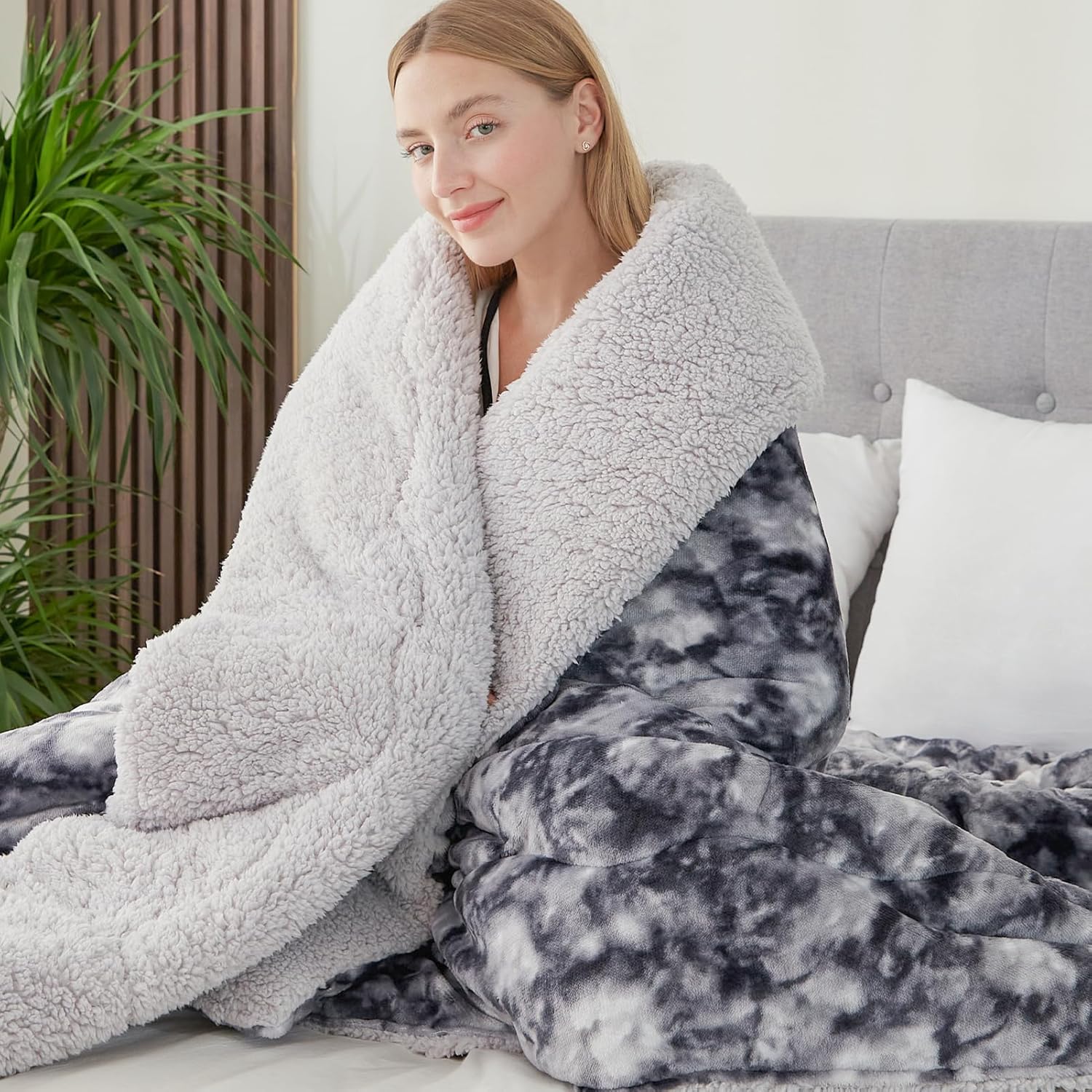 CHOSHOME Blanket Sherpa Fleece Tie-dye Dark Grey Throw Blanket for Bed Warm Blan...