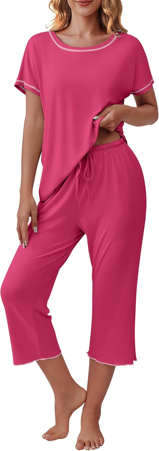 Ekouaer Women's Capri Pajama Sets Floral Print Short Sleeve Sleepwear Top and Ca...