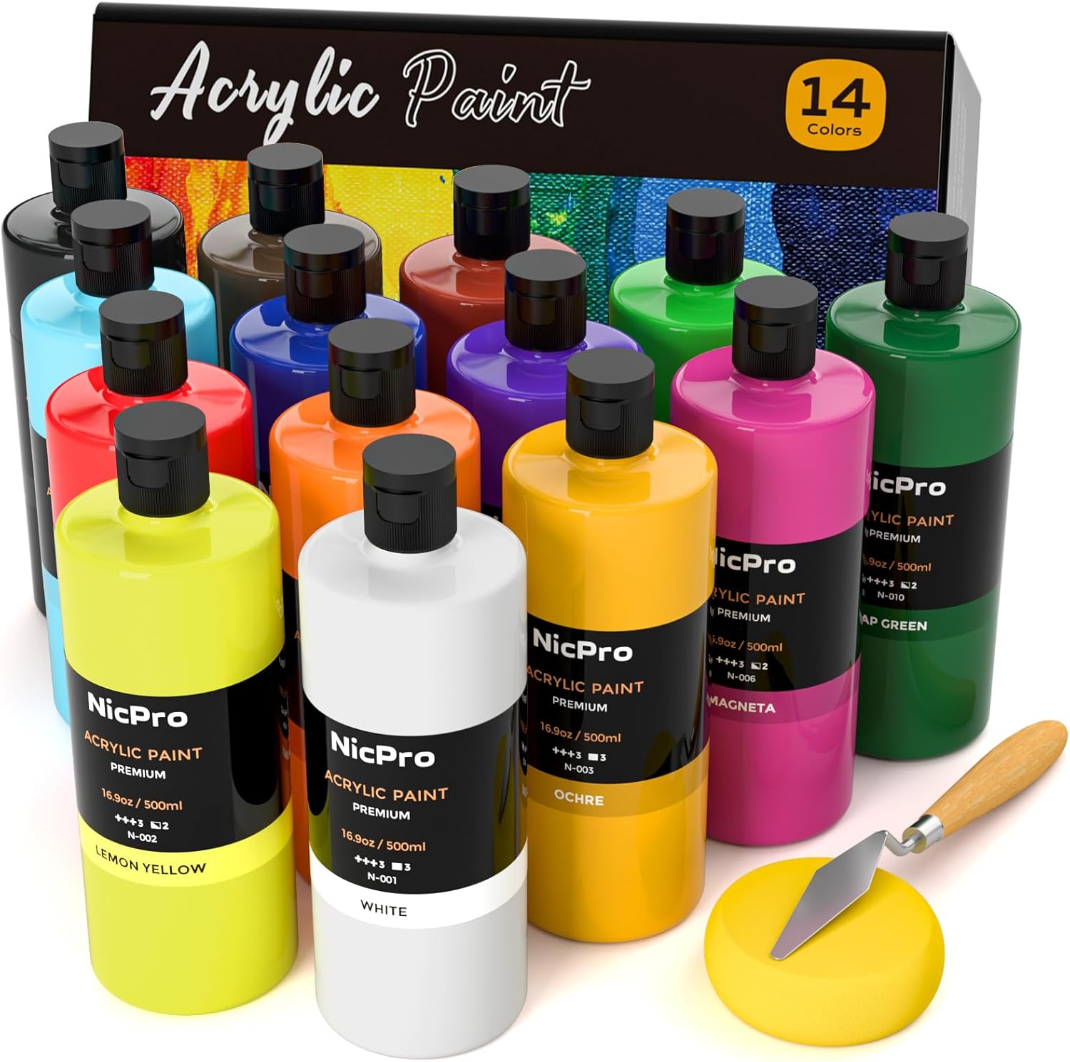 Nicpro 14 Colors Large Bulk Acrylic Paint Set (16.9 oz, 500 ml) Non Toxic Art Pa...