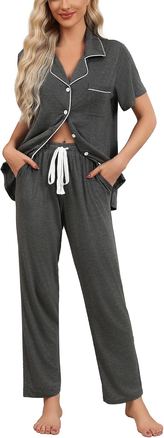 Anjue Pajamas for Women Soft Button Up Pajama Set Short Sleeve Shirt and Long Pa...