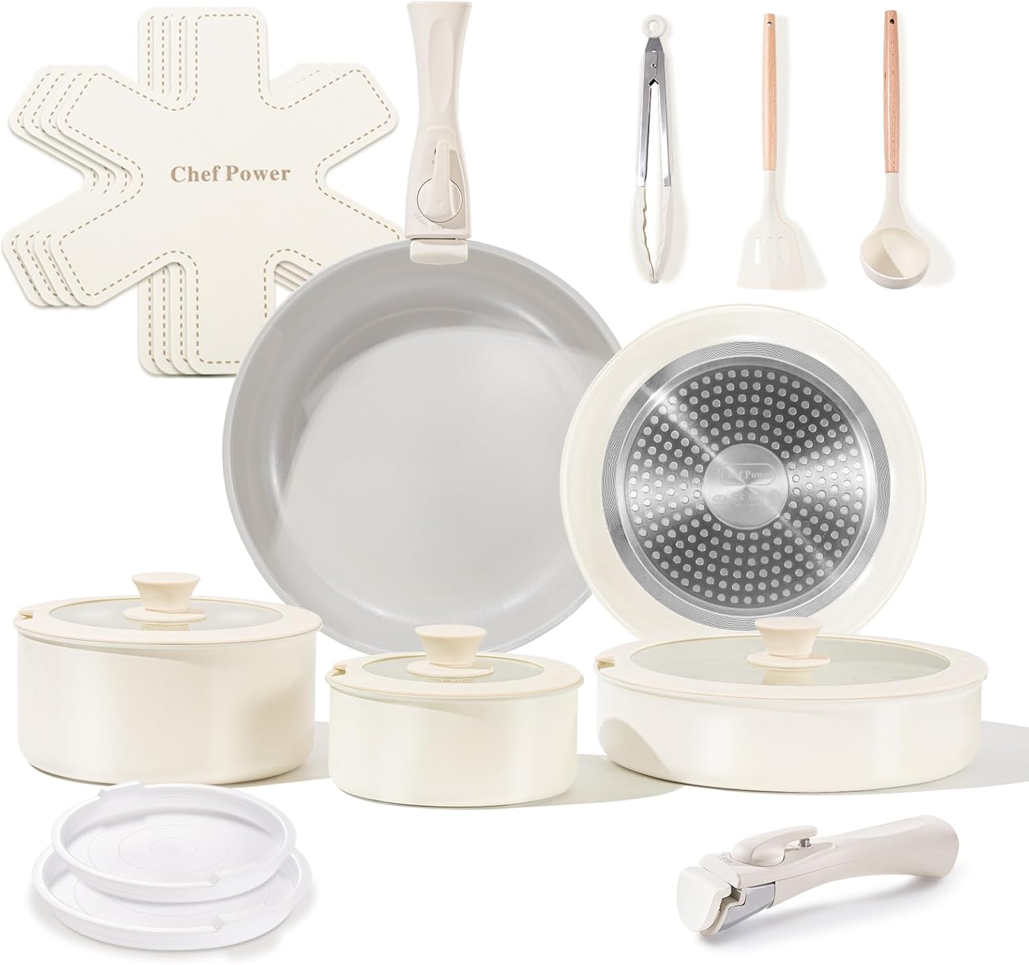 Ceramic Nonstick Pots and Pans Set 19 Piece with Detachable Handle, Induction Di...