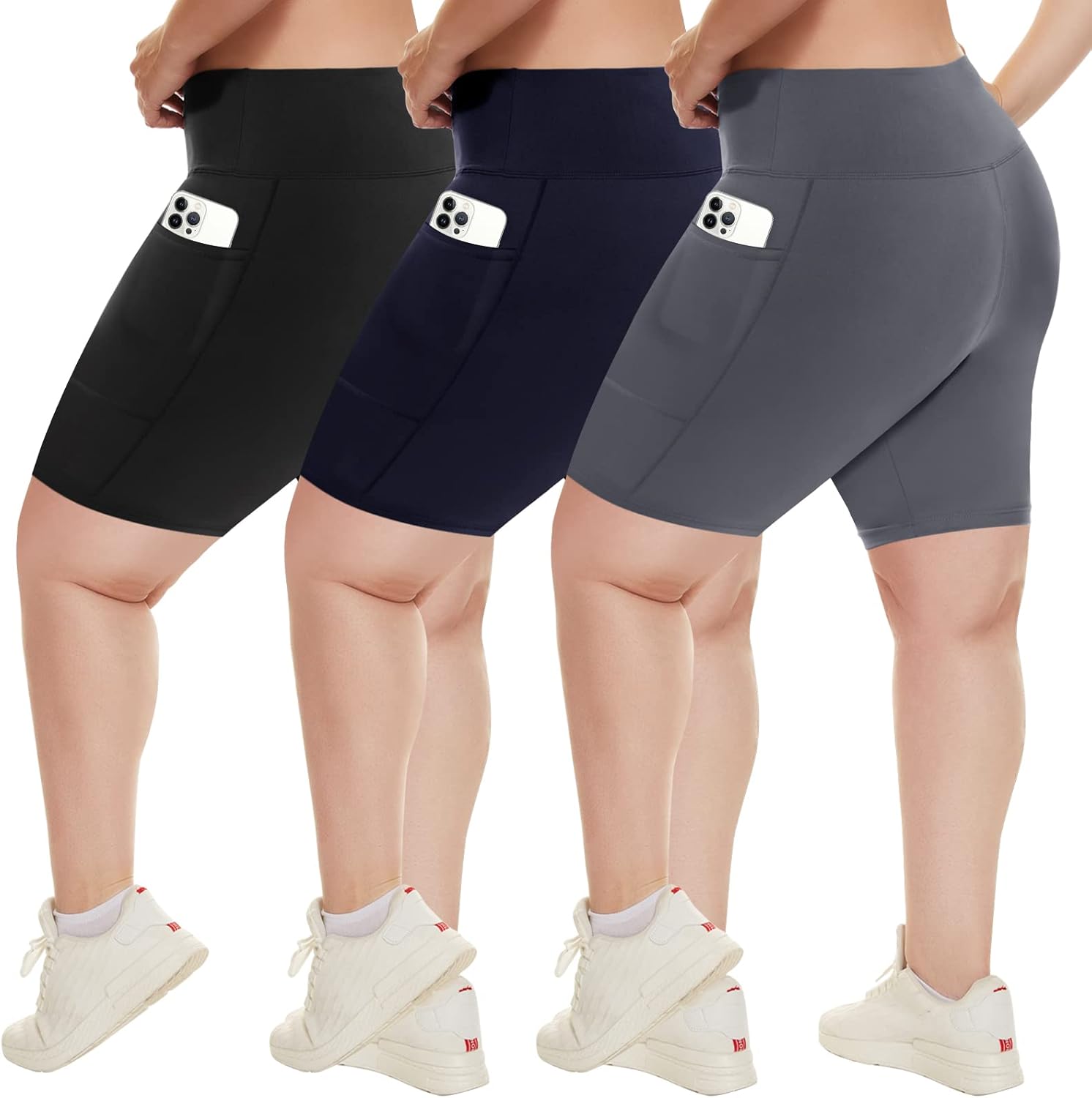 HLTPRO 3 Pack Plus Size Biker Shorts with Pockets for Women (S-4XL)- 8"/5" High...